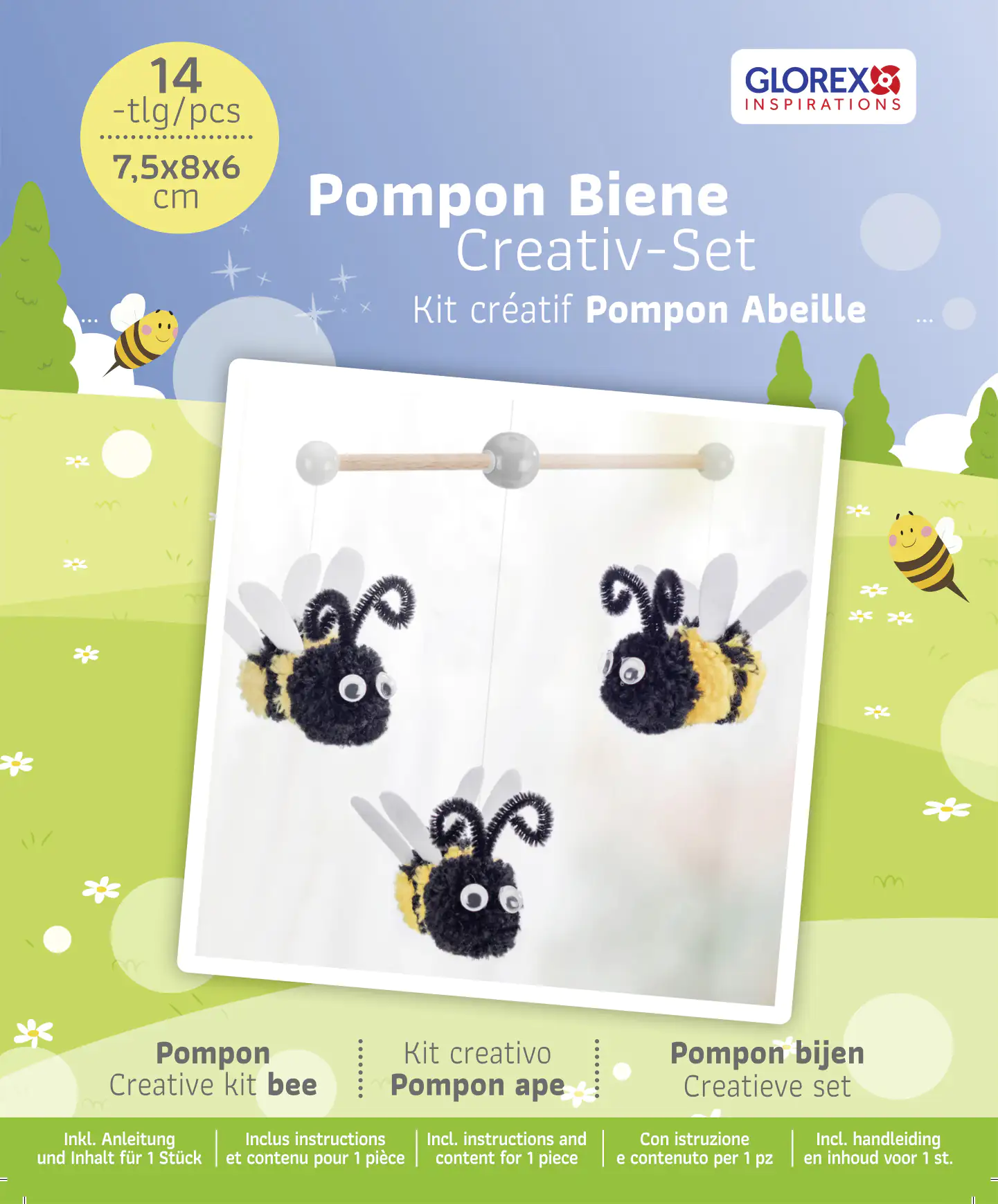 Glorex Pomponset Biene 14 teilig 7,5 x 8 x 6 cm
