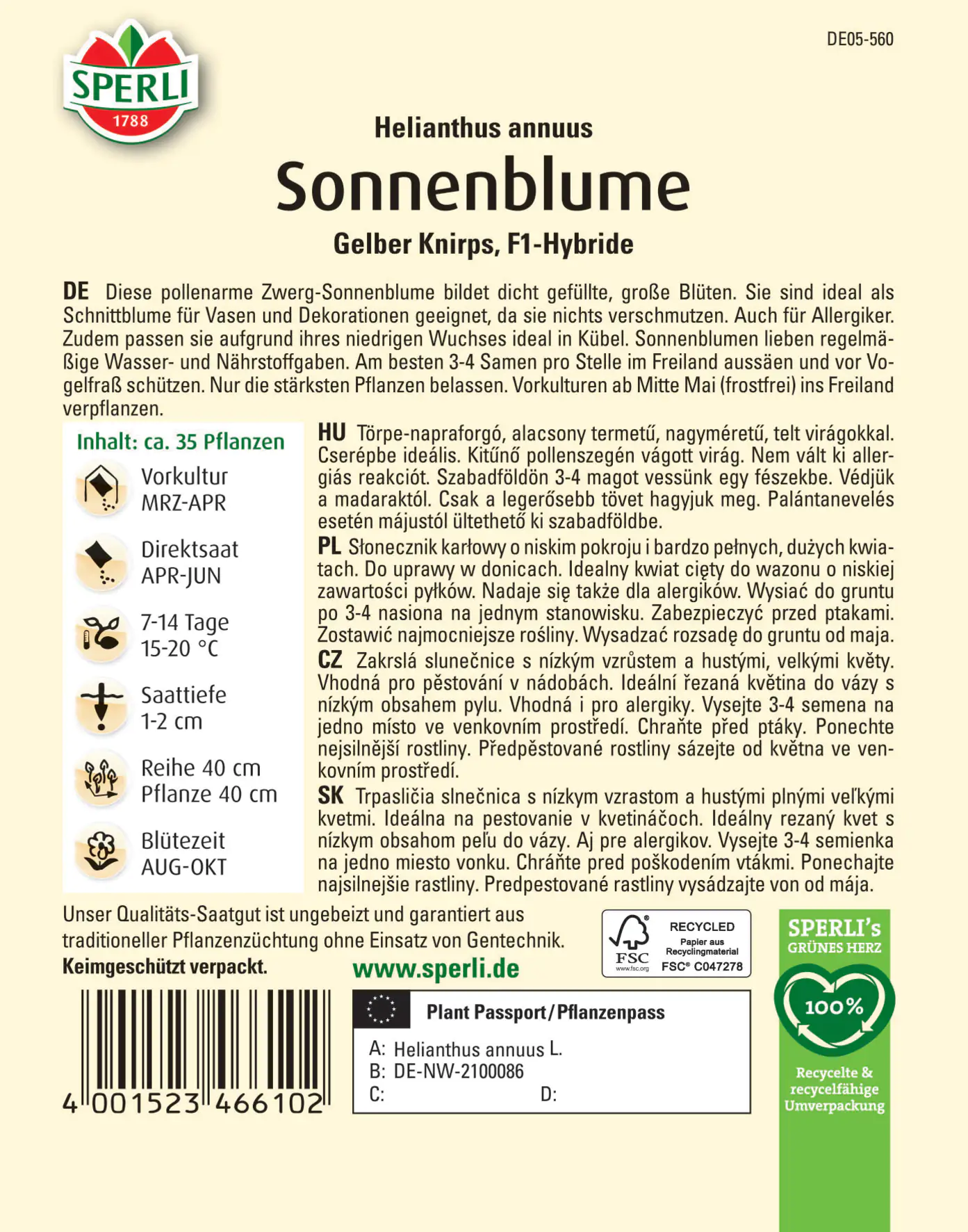 Sperli Sonnenblume Gelber Knirps F1