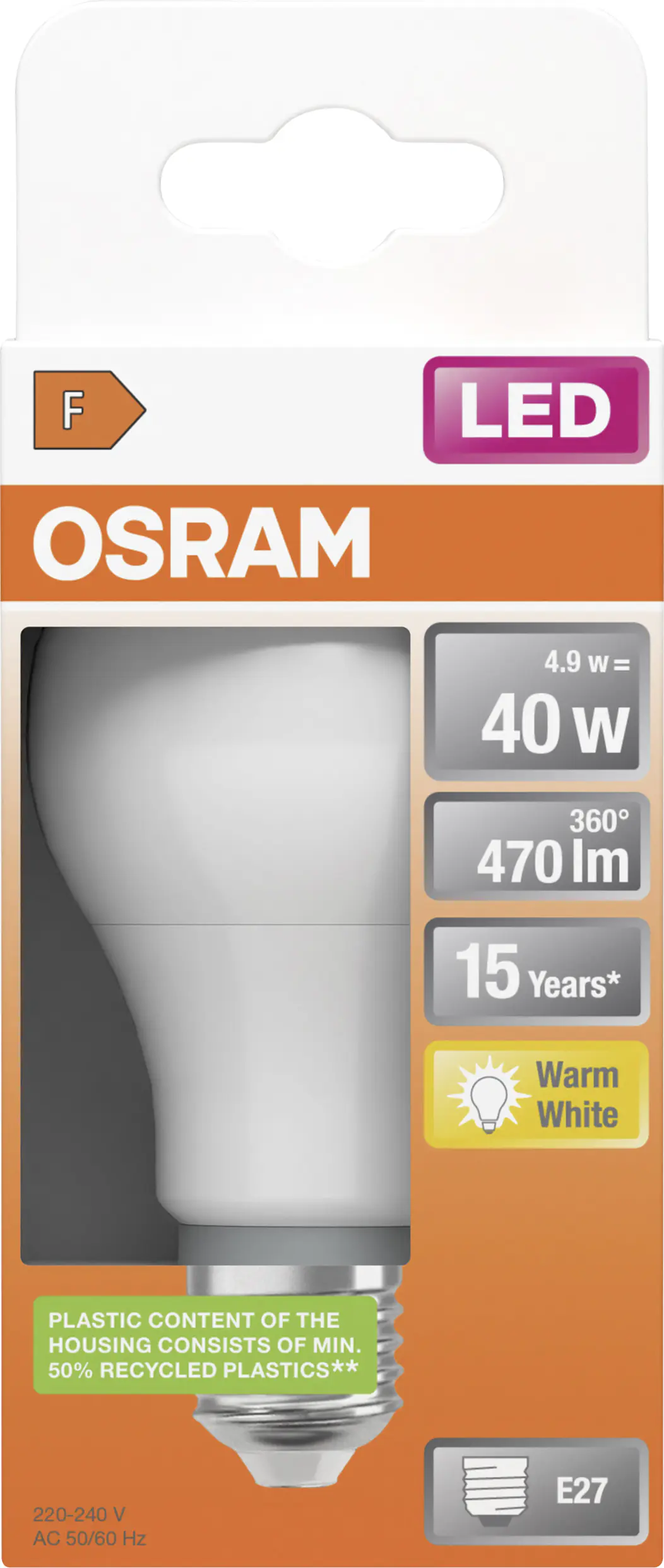Osram LED Leuchtmittel Star Classic A40 E27 4,9 W warmweiß, weiß matt