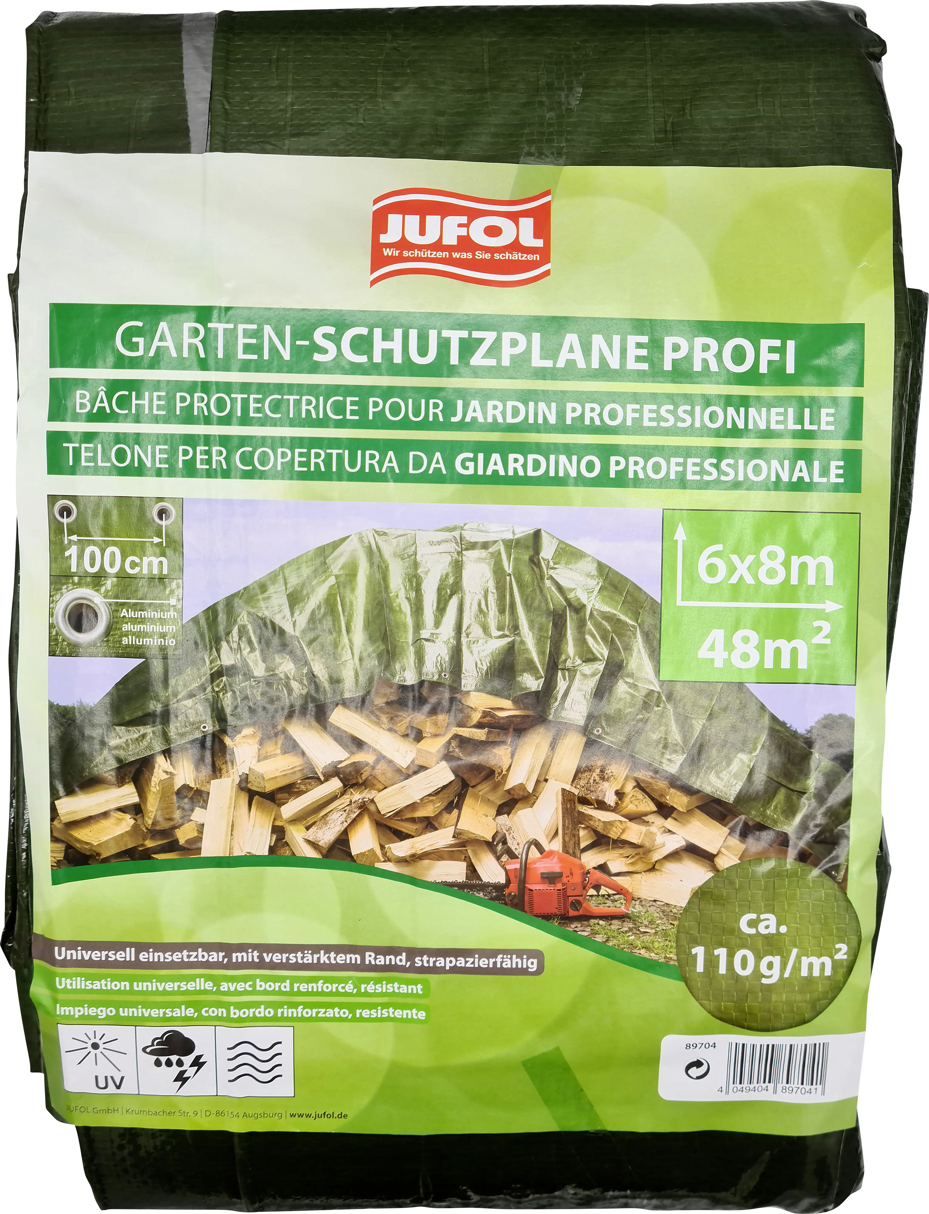 Jufol Abdeckplane Profi 6 x 8 m = 48 m² - 110 g/m² silber-grün