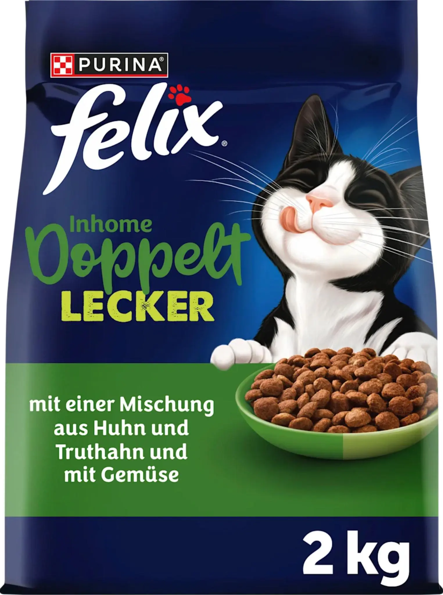 Felix Doppelt Lecker Inhome Katzentrockenfutter 2 kg Huhn & Truthahn mit Gemüse