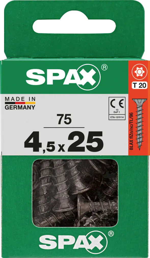 Spax Universalschrauben 4,5 x 25 mm T20 Vollgewinde - 75 Stk.  Spax Universalschrauben 4,5 x 25 mm T20 Vollgewinde - 75 Stk.