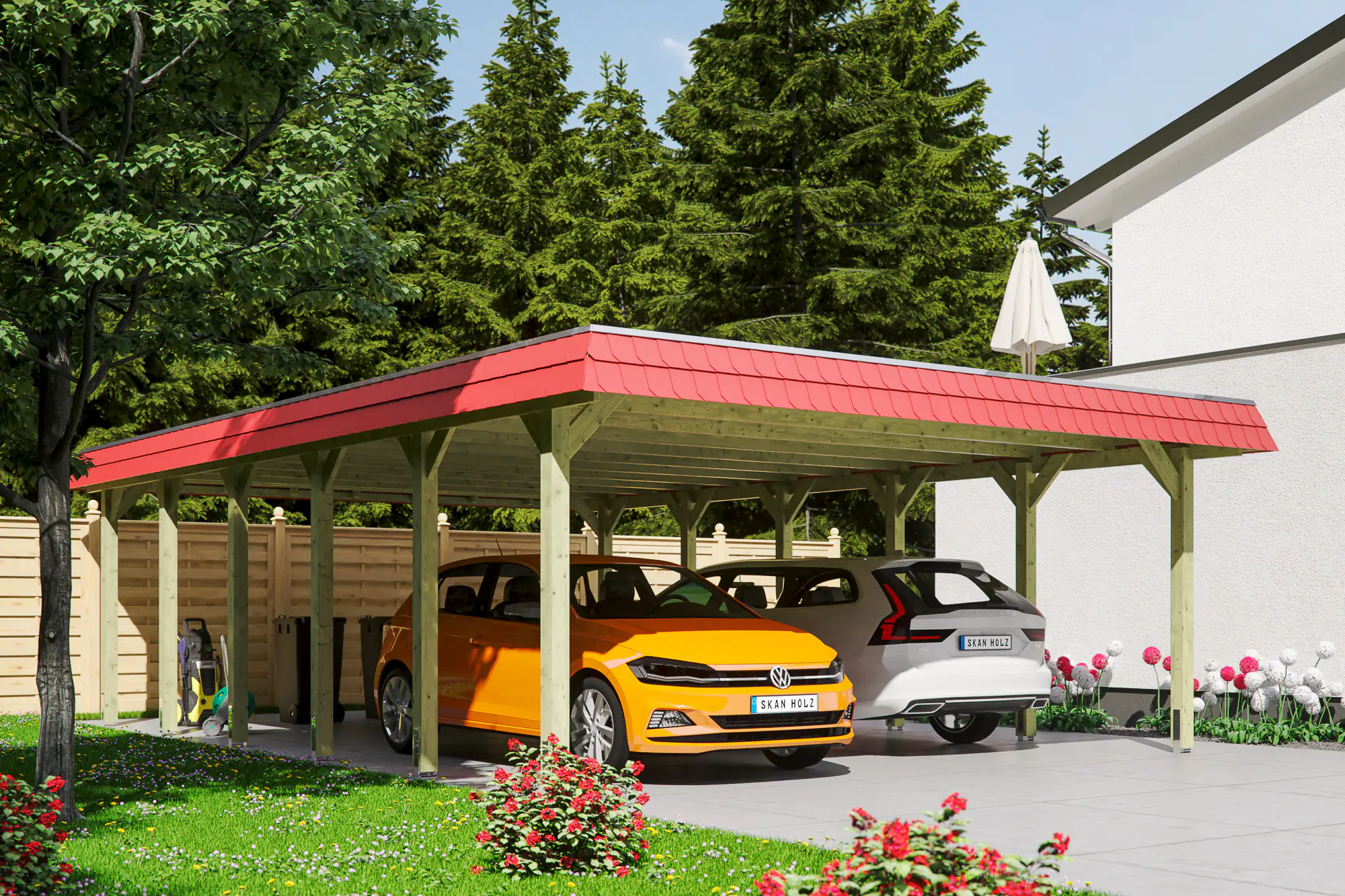 4018211034260 SKAN HOLZ Carport Spreewald 585 x 893 cm mit EPDM-Dach, rote Blende