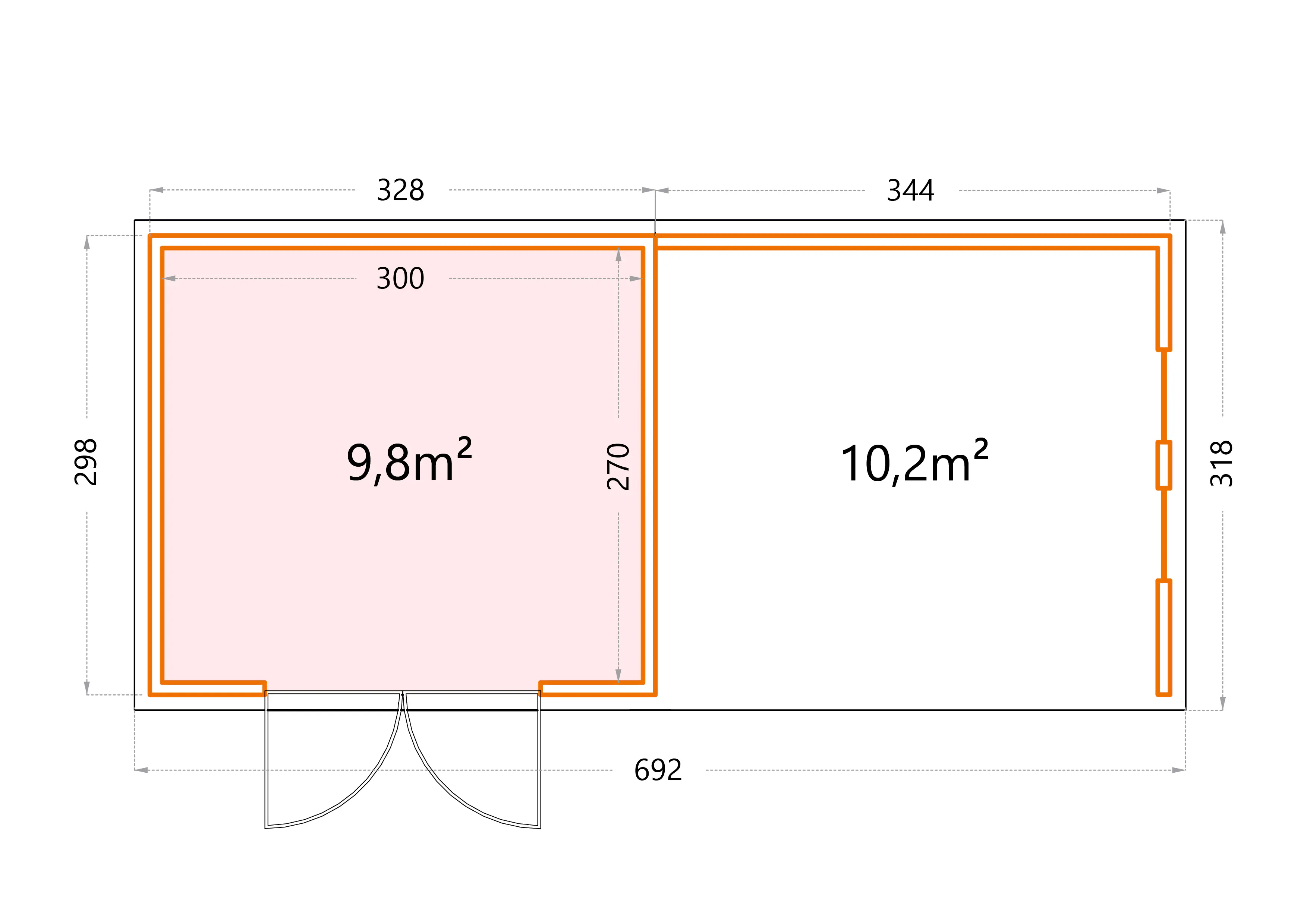 Telluria Gerätehaus Classico Lounge L mit Fenstern 3330 rechts EW weiß 672 x 298 cm