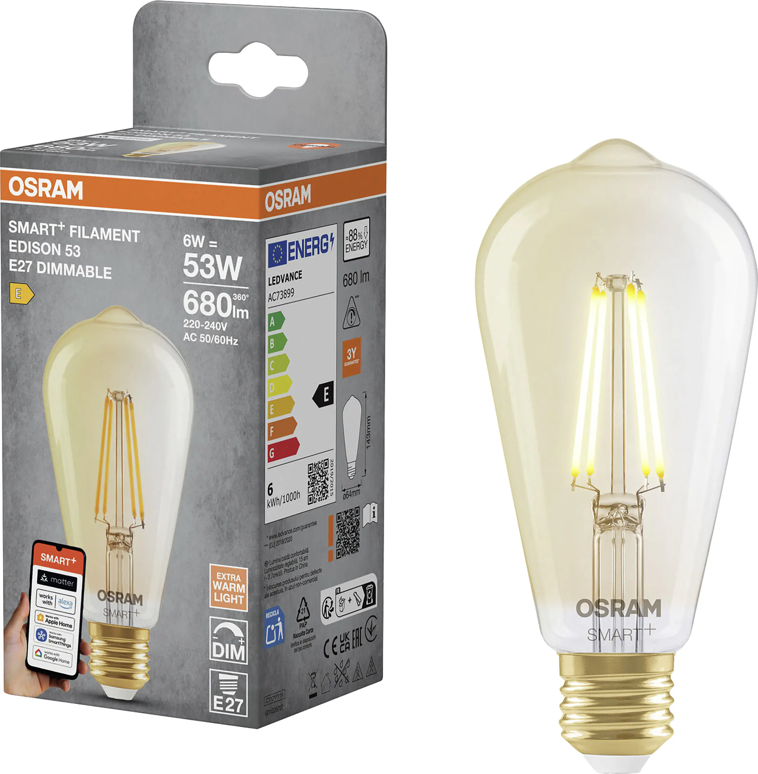 Osram SMART+ Matter Leuchtmittel E27 Edison 6W Gold dimmbar warmweiß