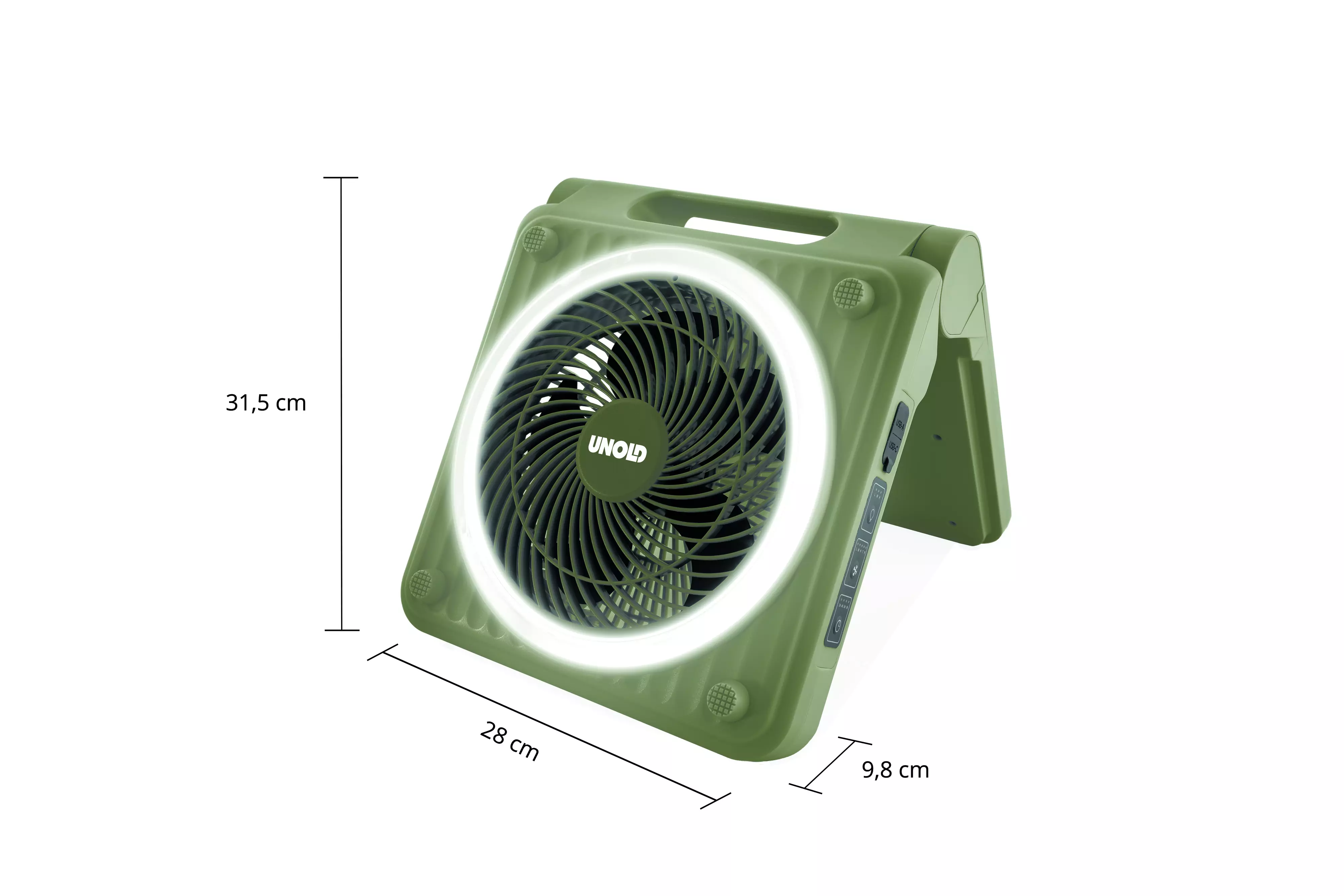 Unold Akku-Solarventilator Camping Ø 20 cm 5 Geschwindigkeitsstufen grün