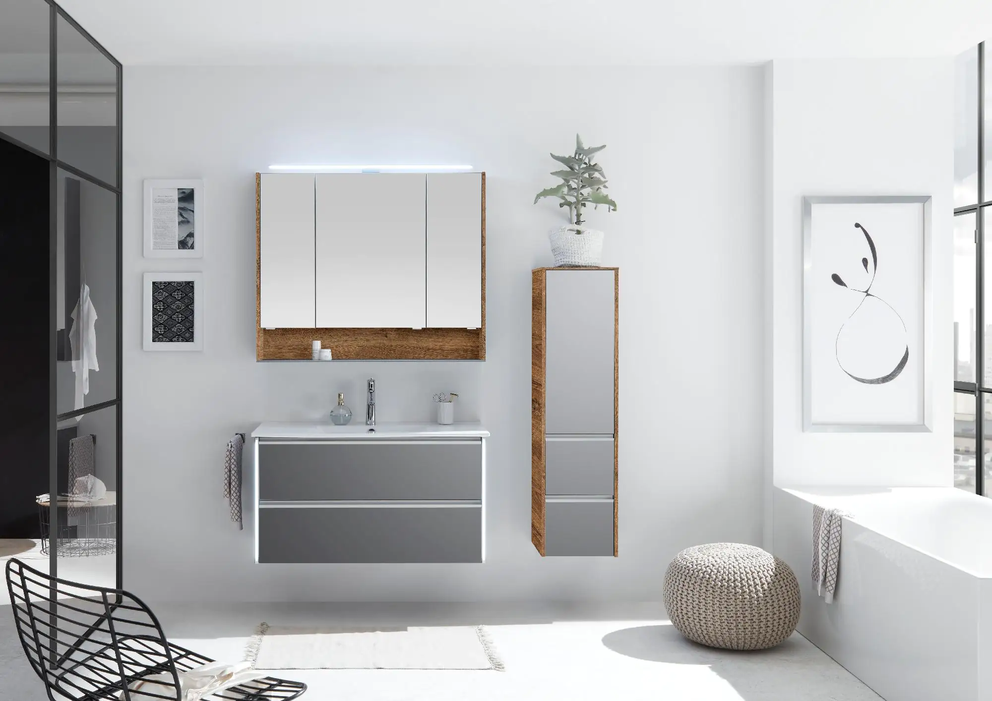 Pelipal Badmöbel-Set 6040 Oxid Hellgrau quer mit Waschplatzbeleuchtung + Midischrank 101 cm