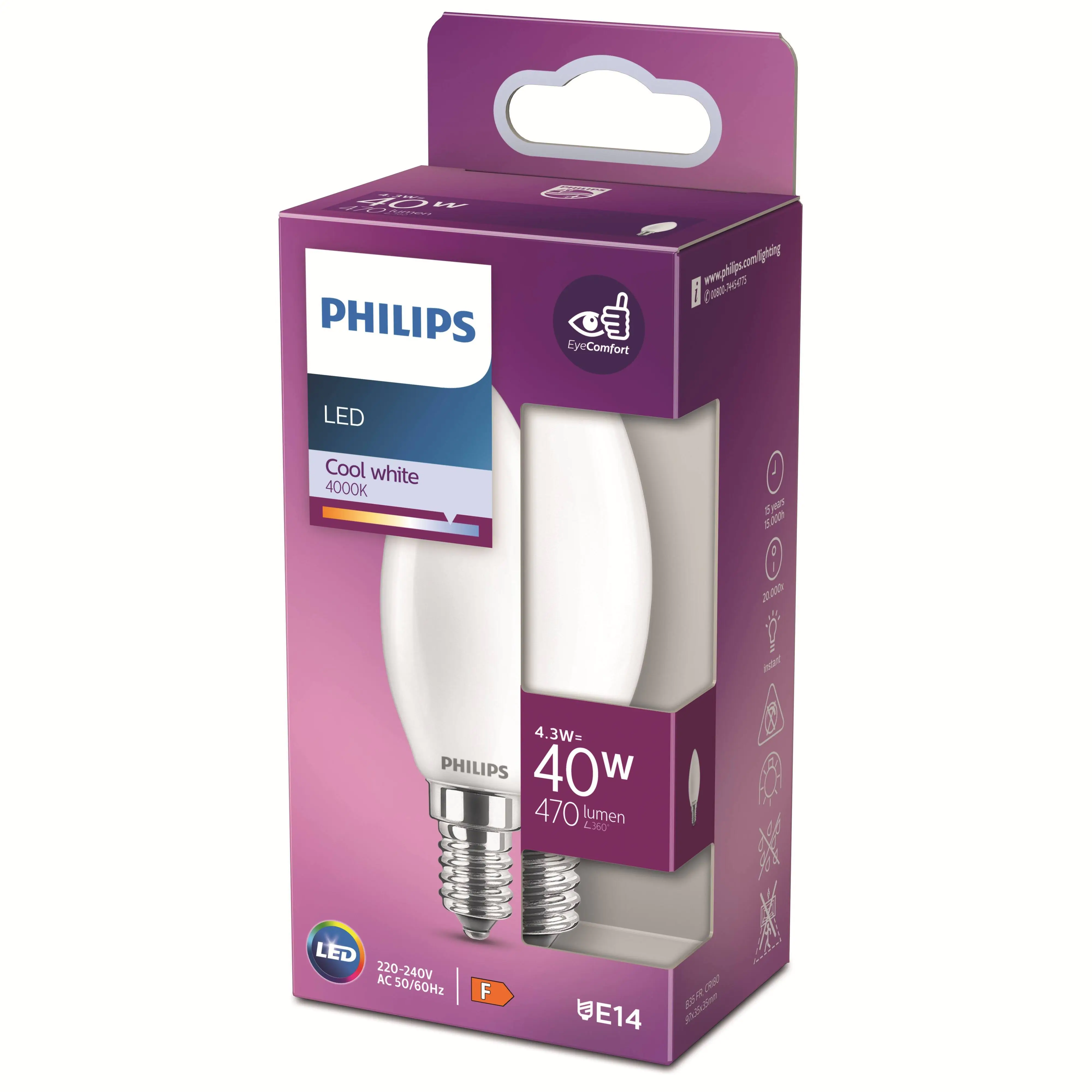 Philips LED-Leuchtmittel Filament Kerzenform B35 E14 4,3W neutralweiß matt