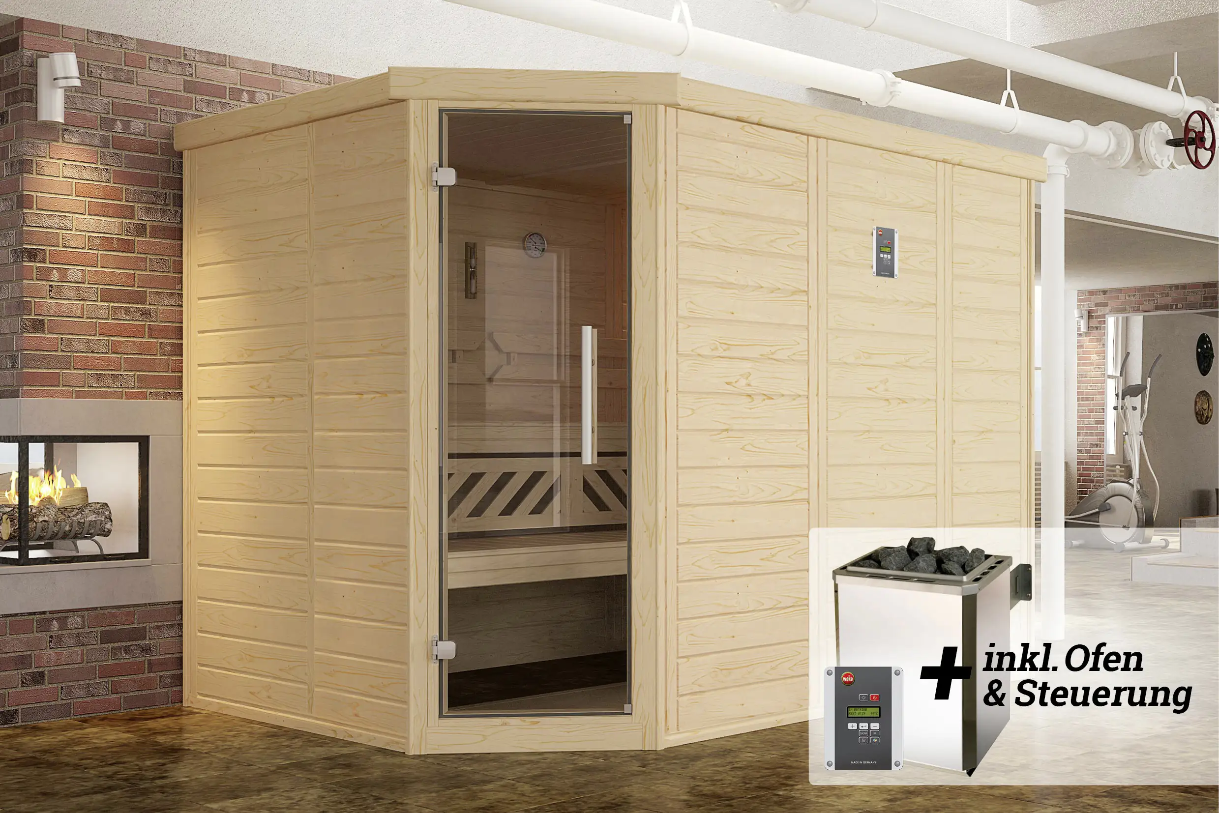 Weka Premium Massivholz-Elementsauna Kemi Eck Gr. 3 Sparset 7,5 kW OS