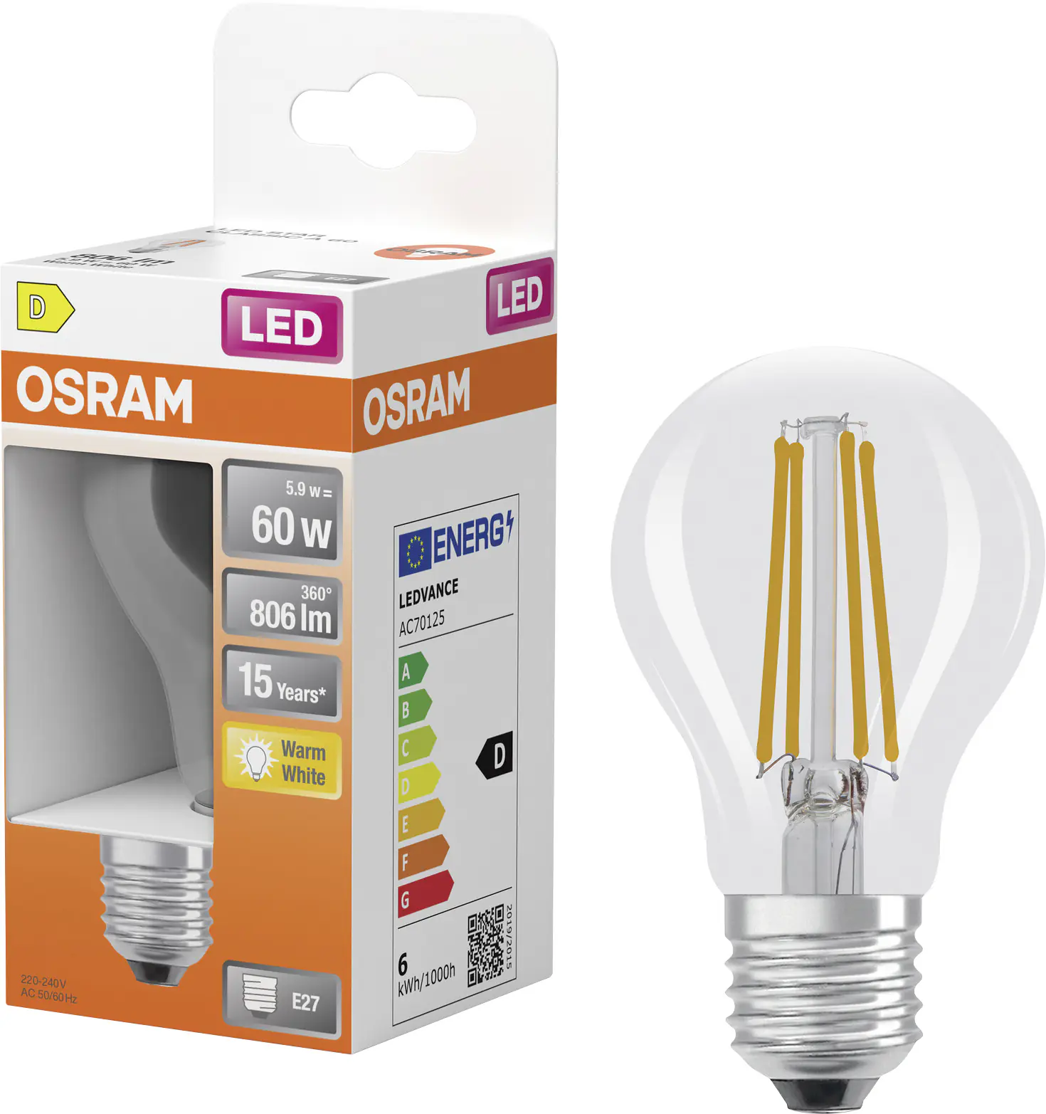 Osram LED Leuchtmittel Star Classic A 60 Filament 5,9W 827 klar E27 Osram LED Leuchtmittel Star Classic A 60 Filament 5,9W 827 klar E27