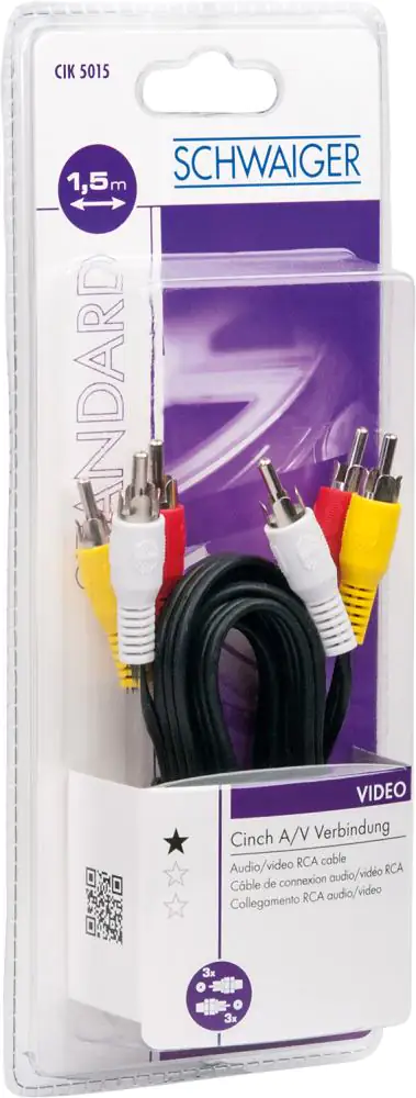 Schwaiger Video Anschlusskabel Cinch CIK5015 533 schwarz, 1,5m, 3x Cinch Stecker / 3x Cinch Stecker