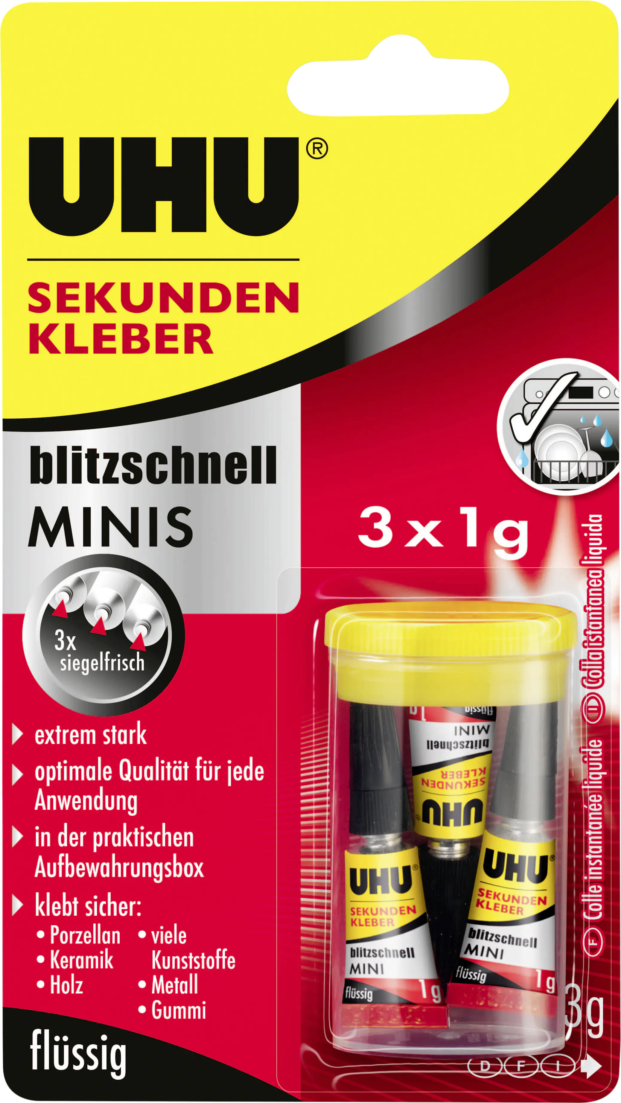 UHU Sekundenkleber blitzschnell Minis 3 g (3 x 1 g), flüssig, in der praktischen Box UHU Sekundenkleber blitzschnell Minis 3 g (3 x 1 g), flüssig, in der praktischen Box