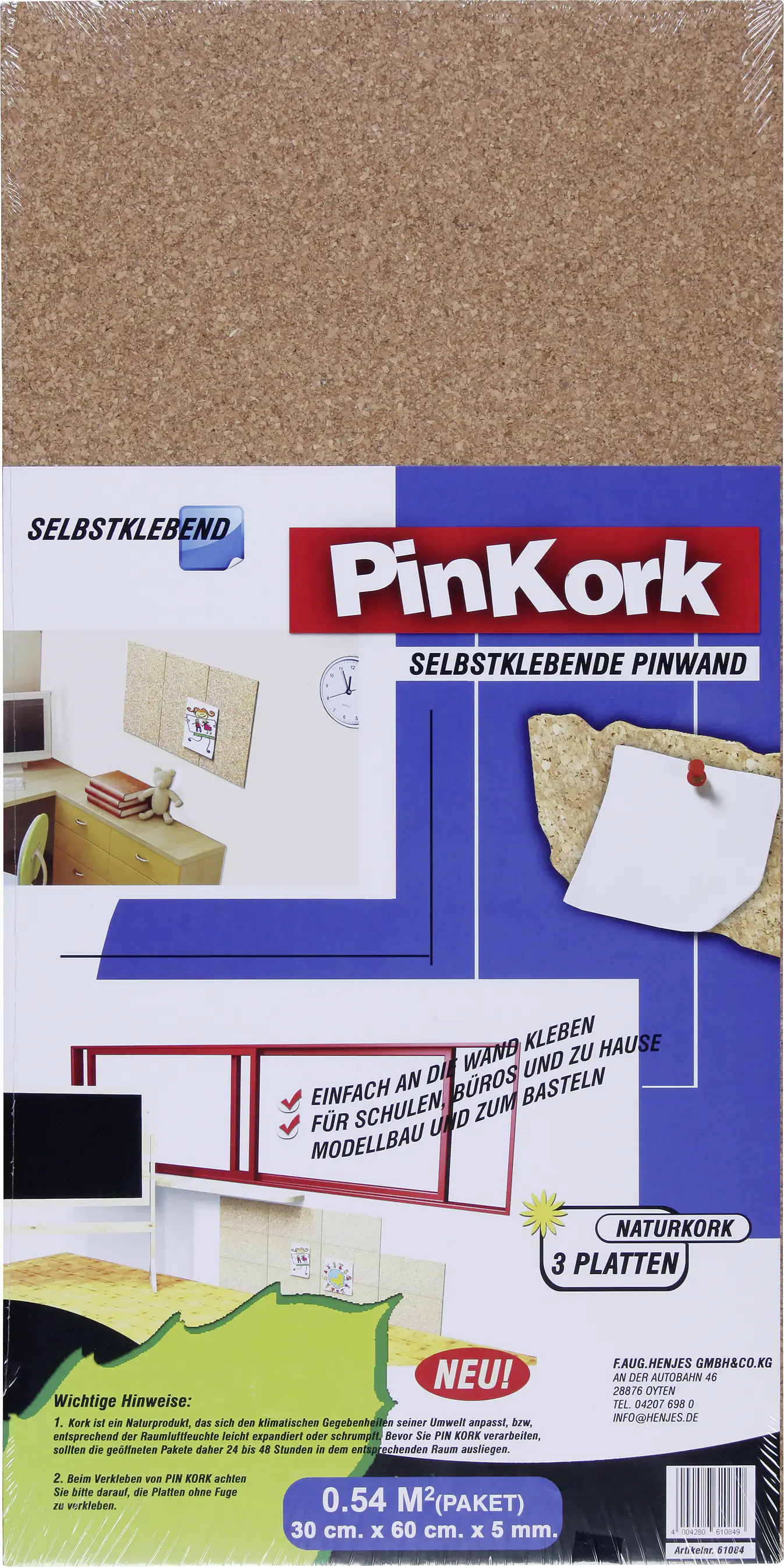 Vigo Pinkorkplatten selbstklebend, 60 x 30 cm, 3 Stück