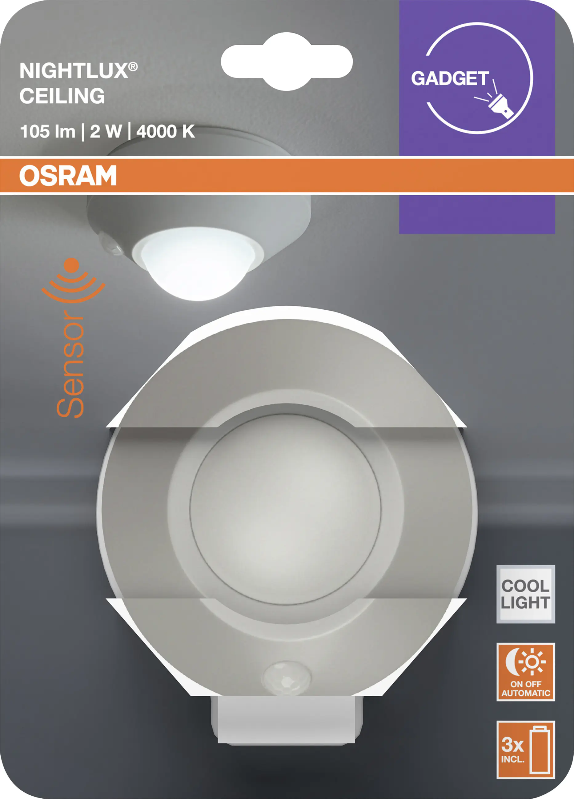 Osram LED-Nachtlicht Nightlux Ceiling mit Licht- & Bewegungssensor 8,6 cm kaltweiß silber