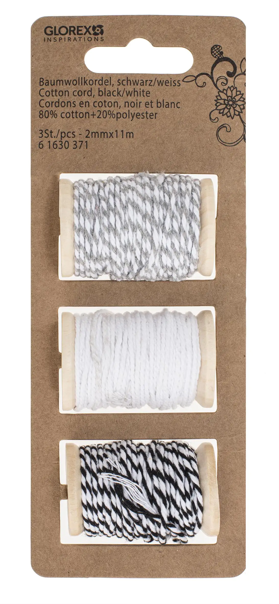 Baumwollkordel Set 3-teilig 2 mm x 11 m  80% Baumwolle/20% Polyester