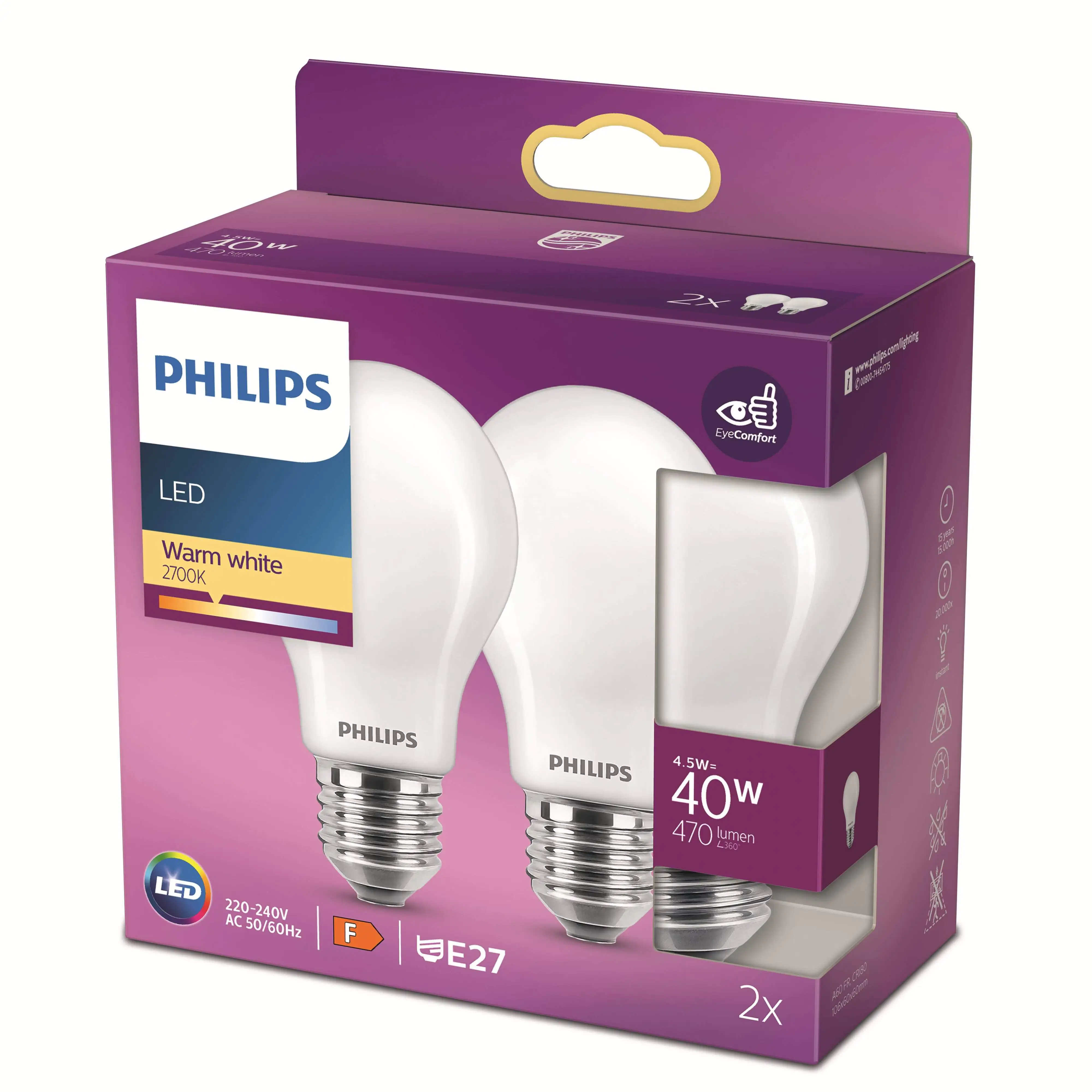 Philips LED-Leuchtmittel Birnenform A60 E27 4,5W warmweiß 2er Pack