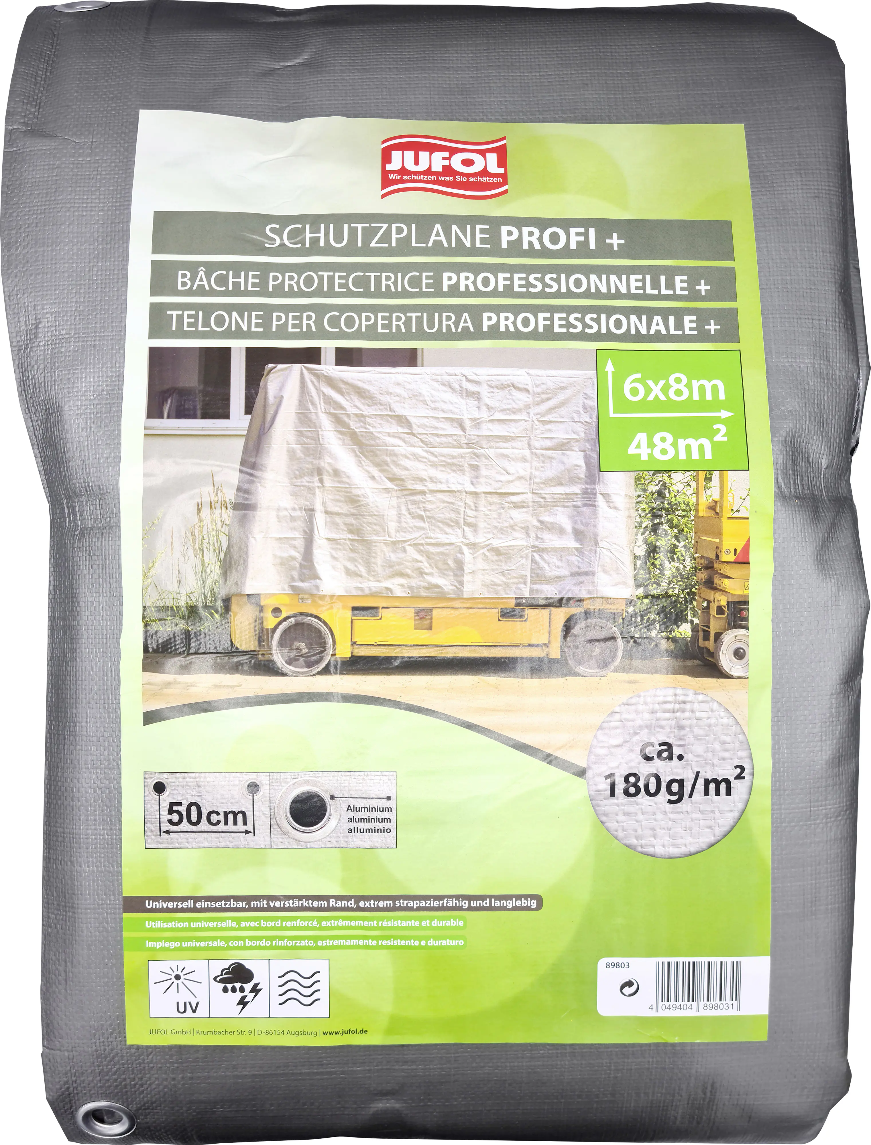 Jufol Abdeckplane für Anhänger 6 x 8 m = 48 m² - 180g/m² silber-grün