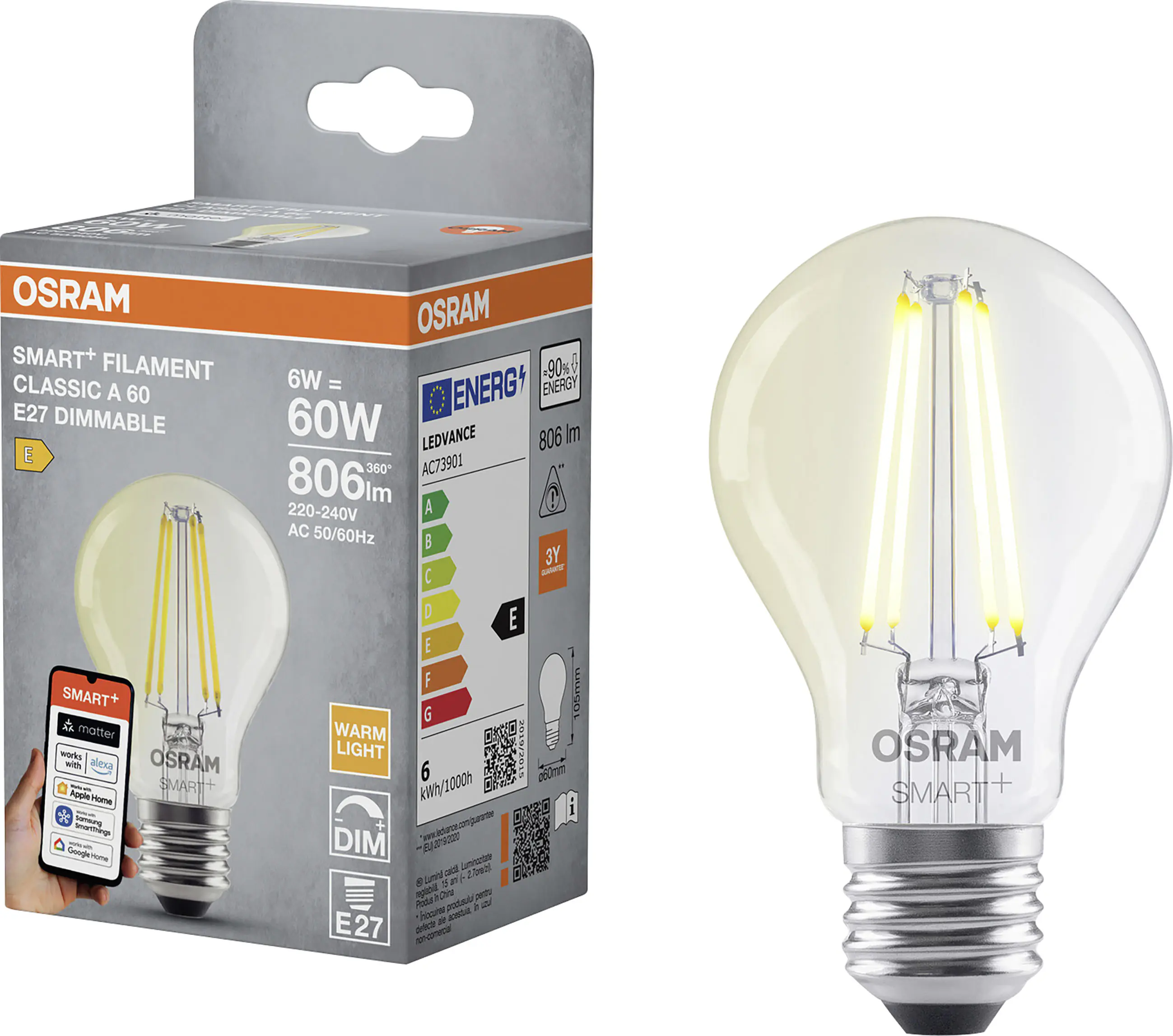 Osram SMART+ Matter Leuchtmittel E27 Classic A60 6W dimmbar warmweiß