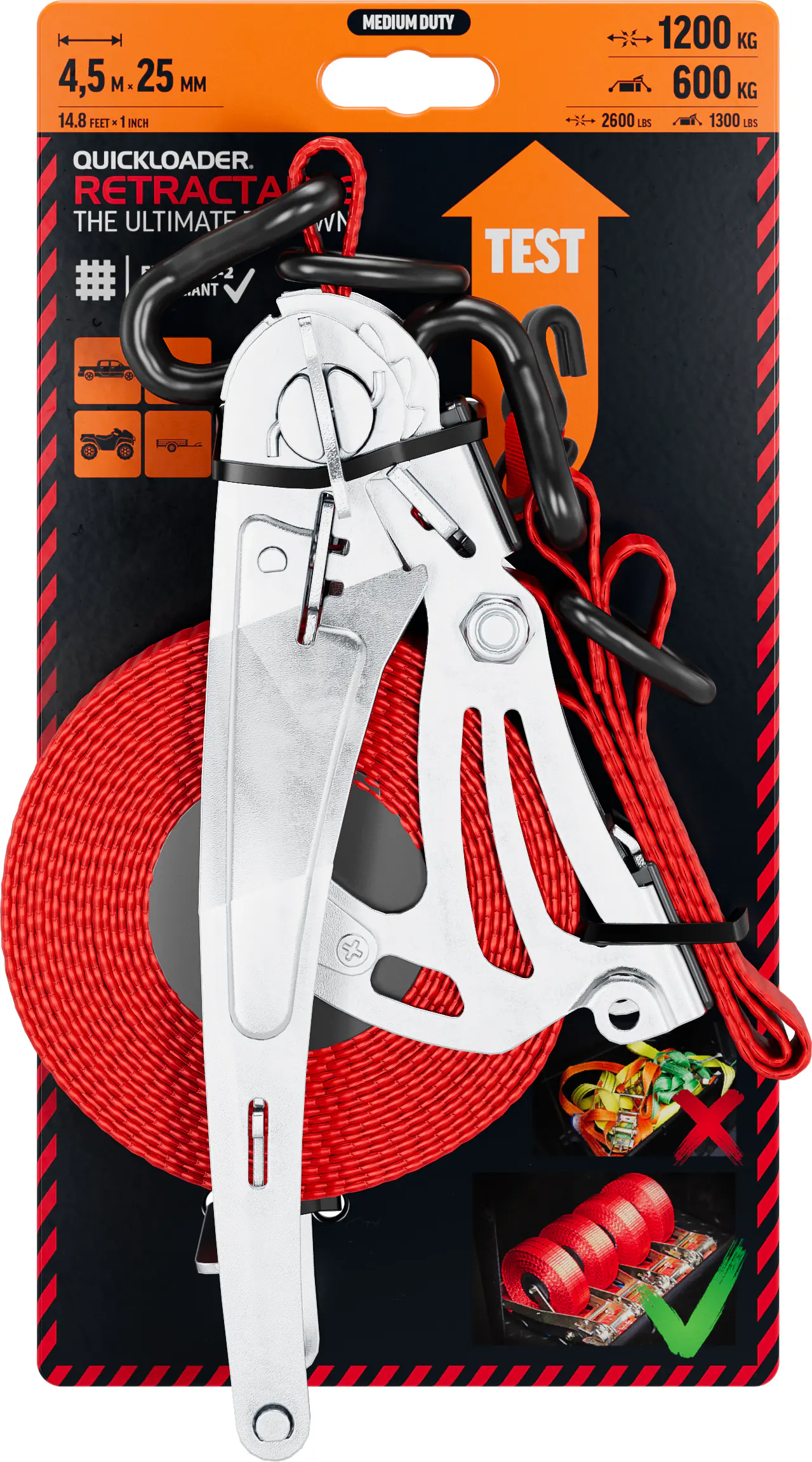 QUICKLOADER® Spanngurt Retractable 25 mm x 4,5 m 1 Stück rot