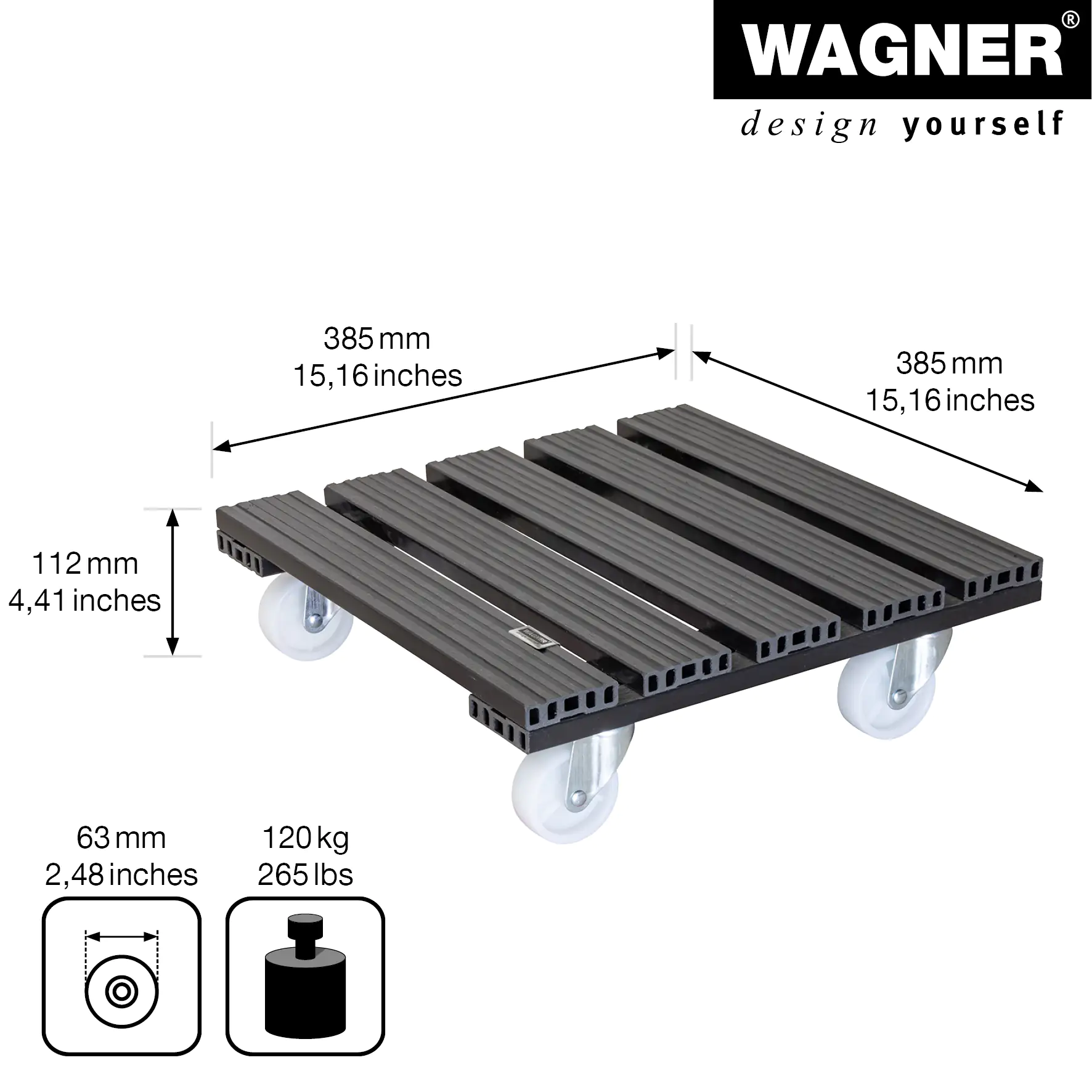 WAGNER Pflanzenroller WPC eckig 38,5 x 38,5 cm Tragkraft bis max. 120 kg