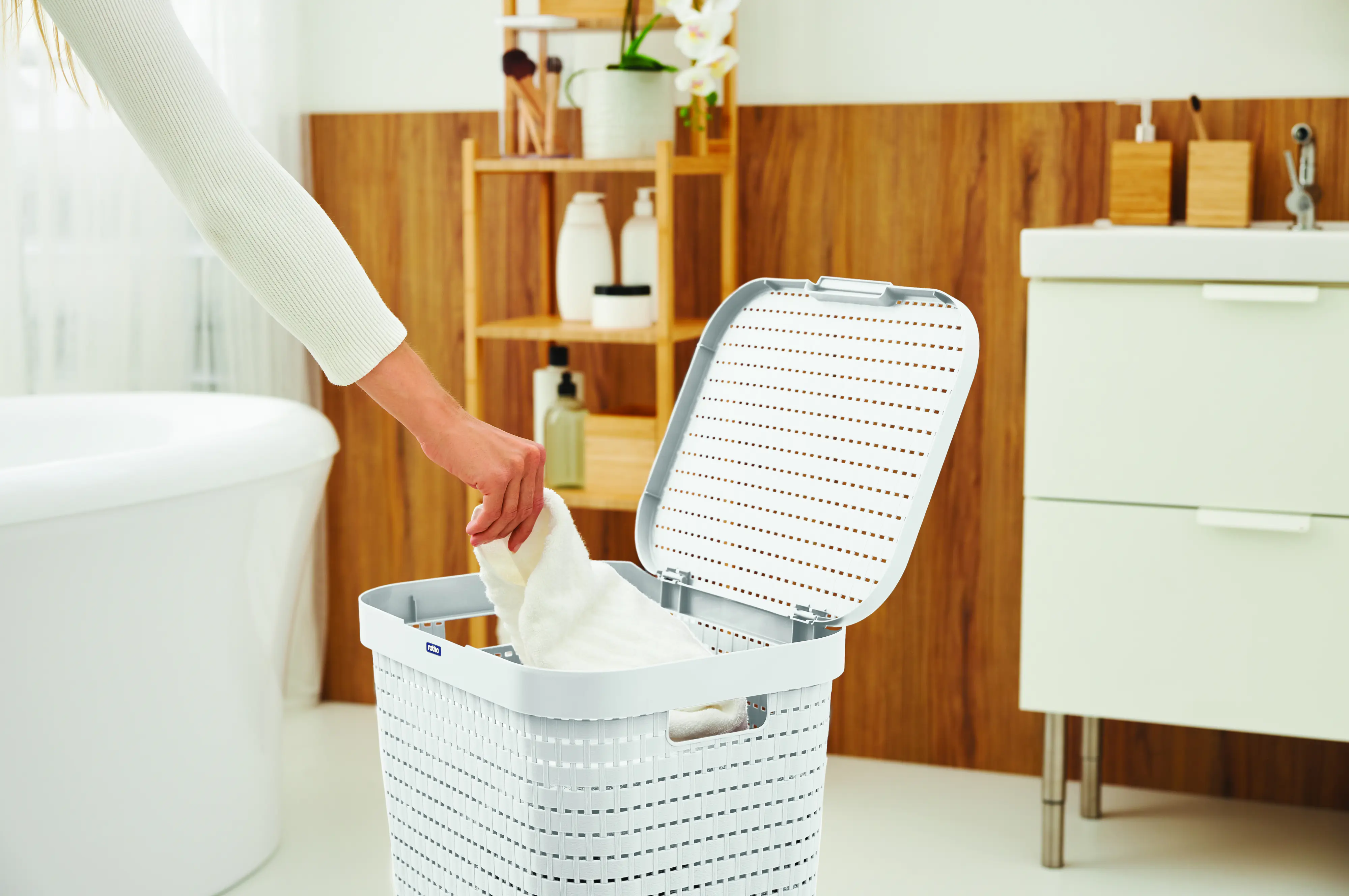 Rotho Wäschesammler Country, 55 l mistletoe weiß