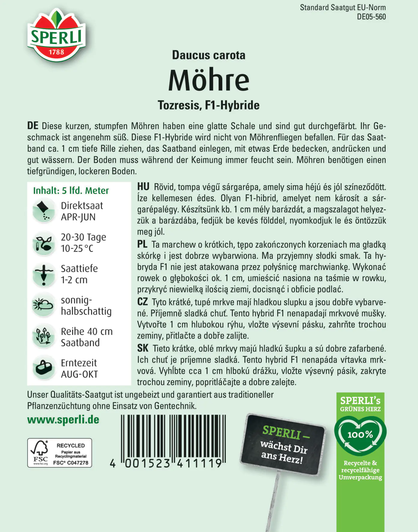 Sperli Möhre Tozresis F1 Saatband Sperli Möhre Tozresis F1 Saatband