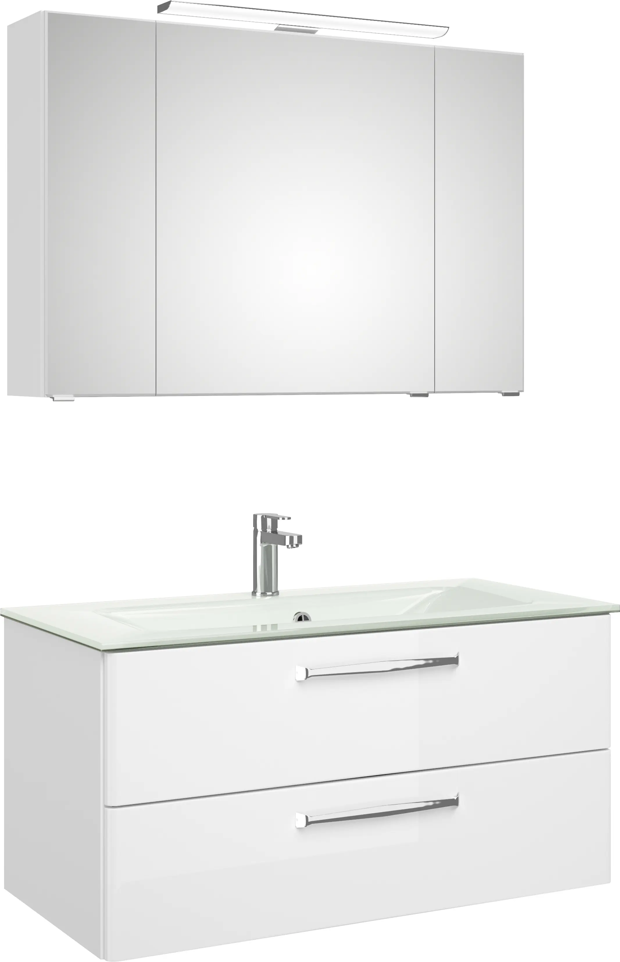 Pelipal Badmöbel-Set Trentino Weiß Hgl/Weiß Glanz mit Glas-Waschtisch + LED-Aufsatzleuchte 107 cm