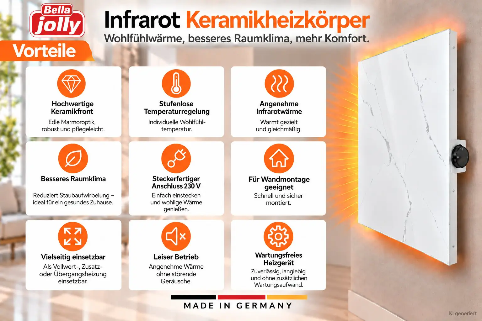 Bella Jolly Infrarot Keramik-Heizkörper 60 cm x 60 cm, 440 Watt mamoroptik 