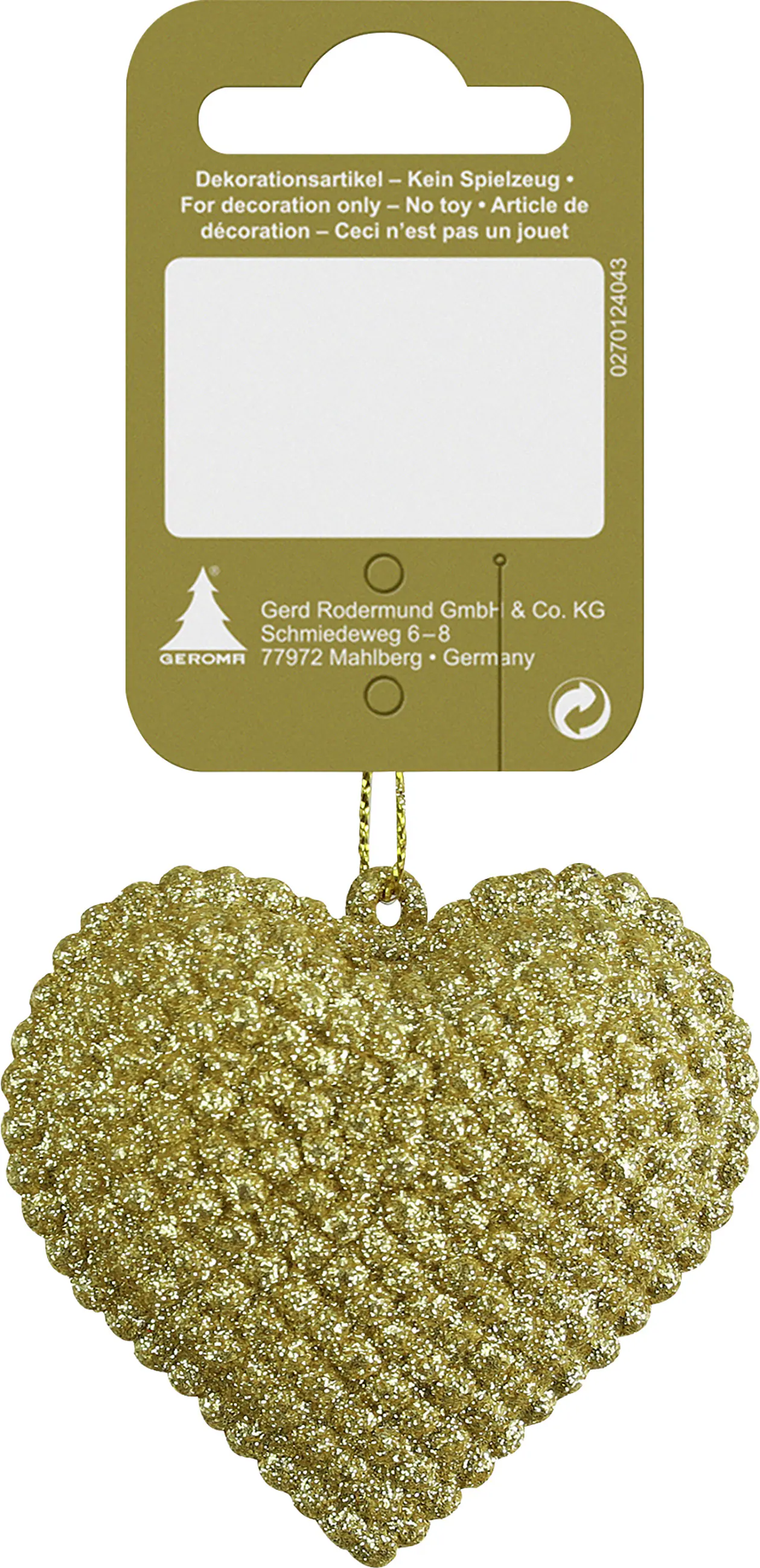 Dekoanhänger Herz Kunststoff mit Glitzer 6,5 cm gold 