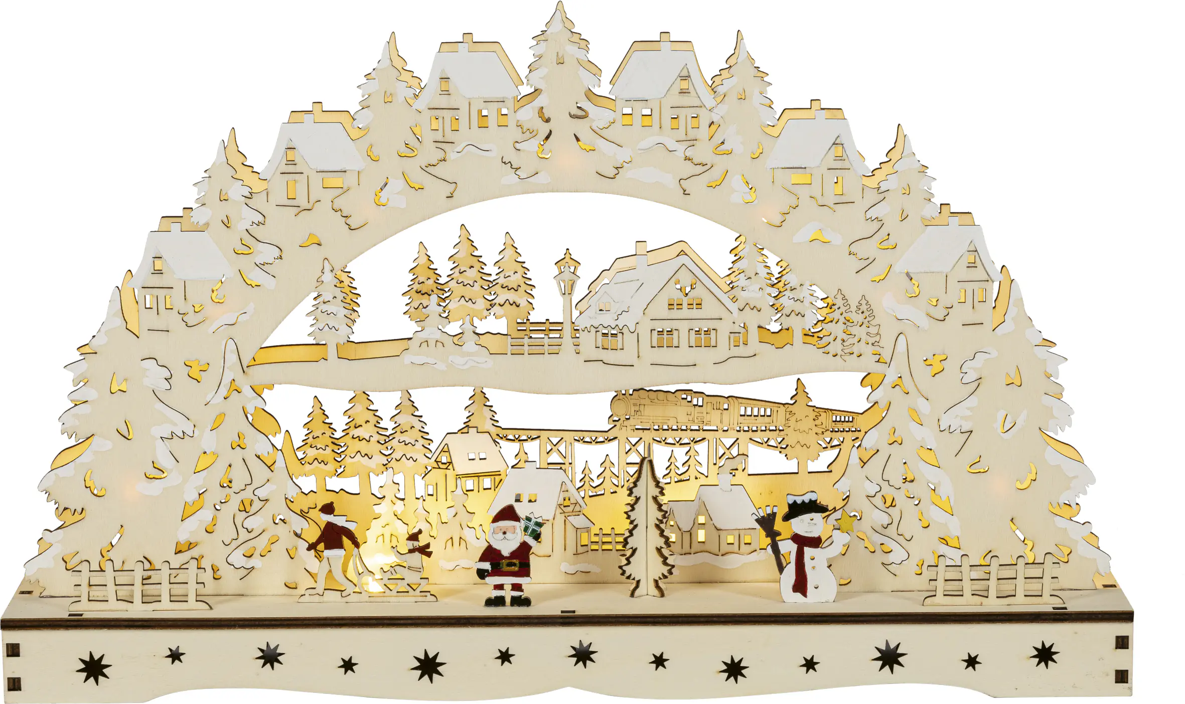 3D-Lichterbogen LED Deko Holz Santa & Schneemann 43 cm warmweiß