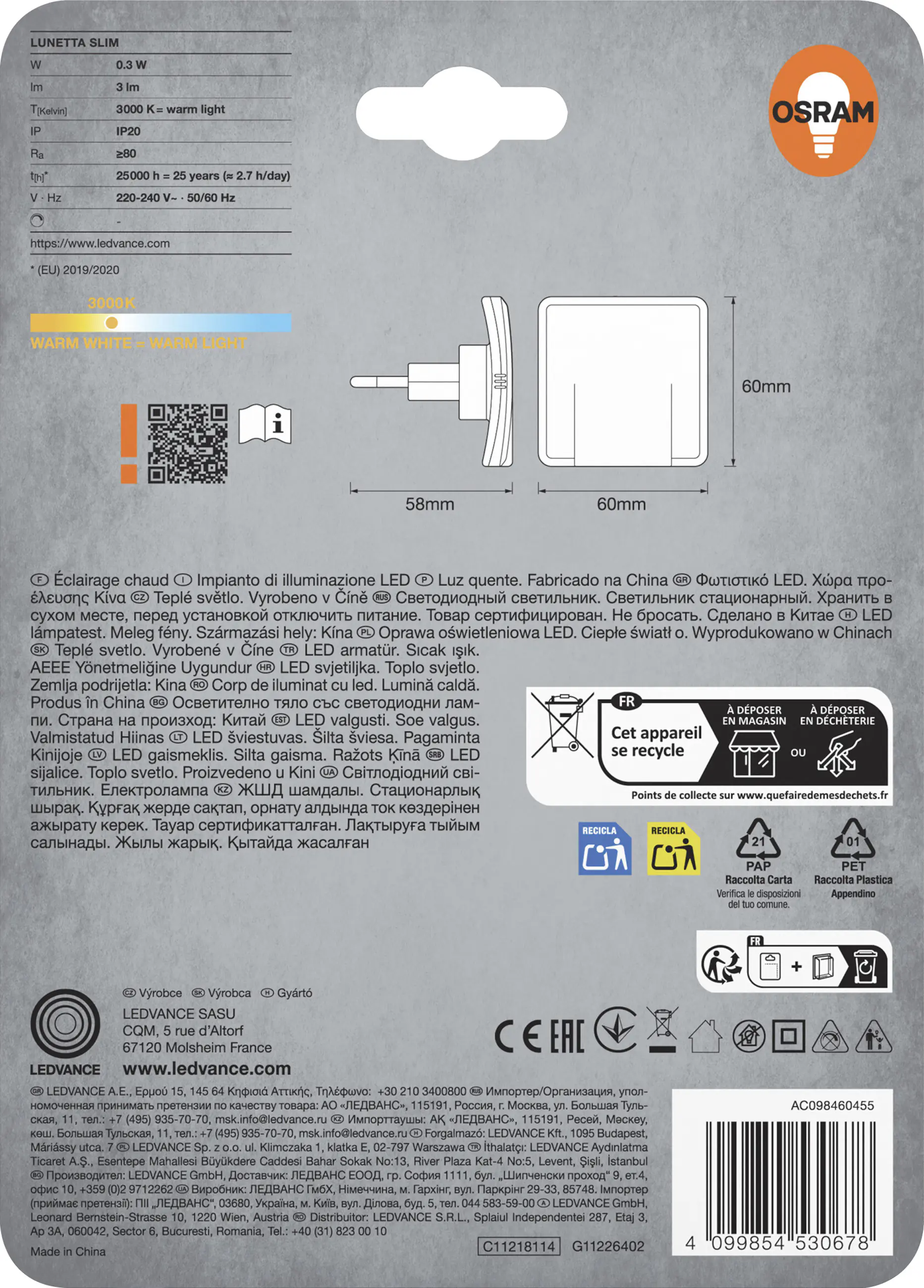Osram LED-Nachtlicht Lunetta Slim mit Tag-/Nacht Sensor 6 cm warmweiß weiß