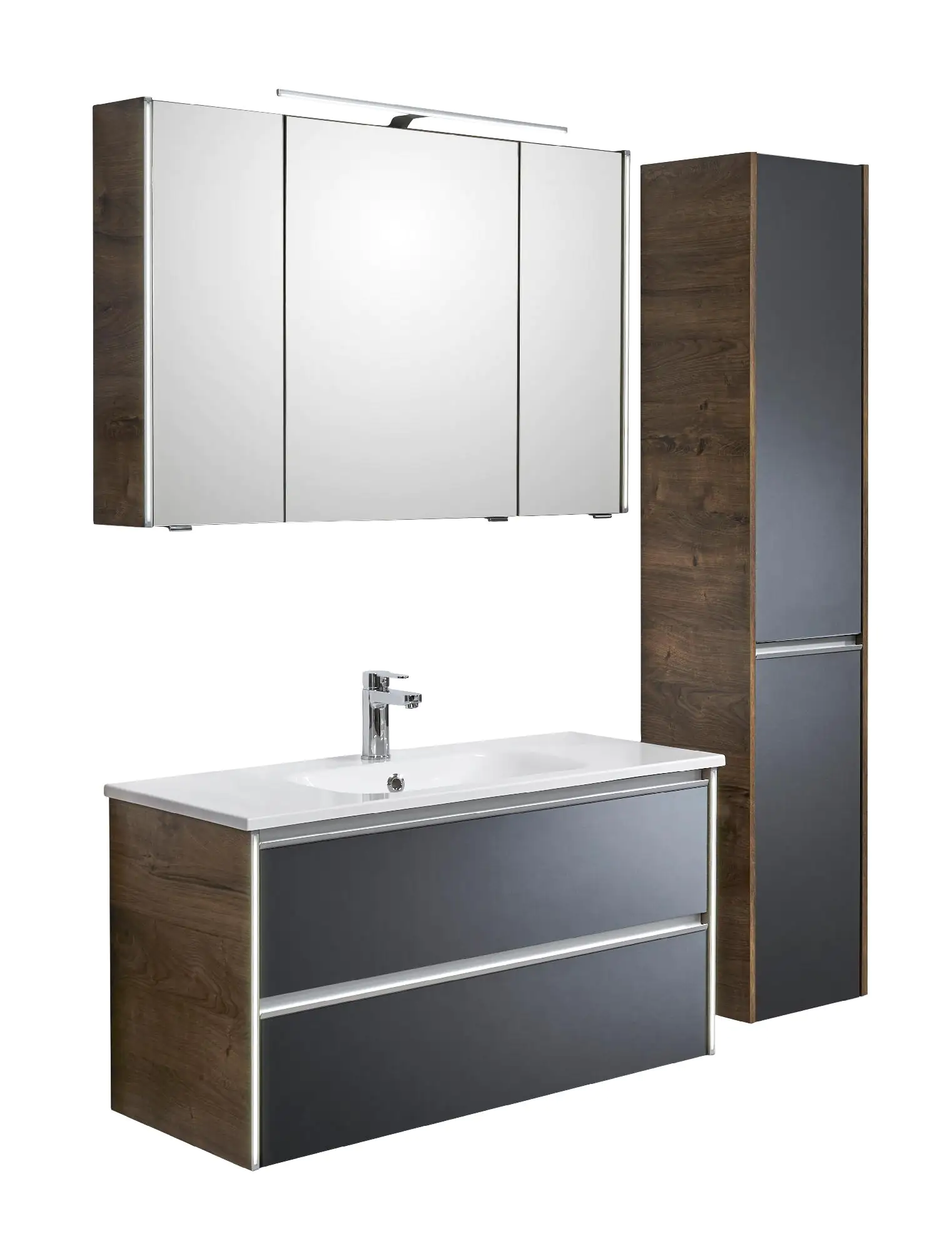 Pelipal Badmöbel-Set 6040 Stahlgrau/Eiche Ribbeck mit LED-Profil + Hochschrank 137 cm