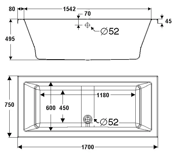 Ottofond Badewanne Cubic 170 x 75 cm, weiß