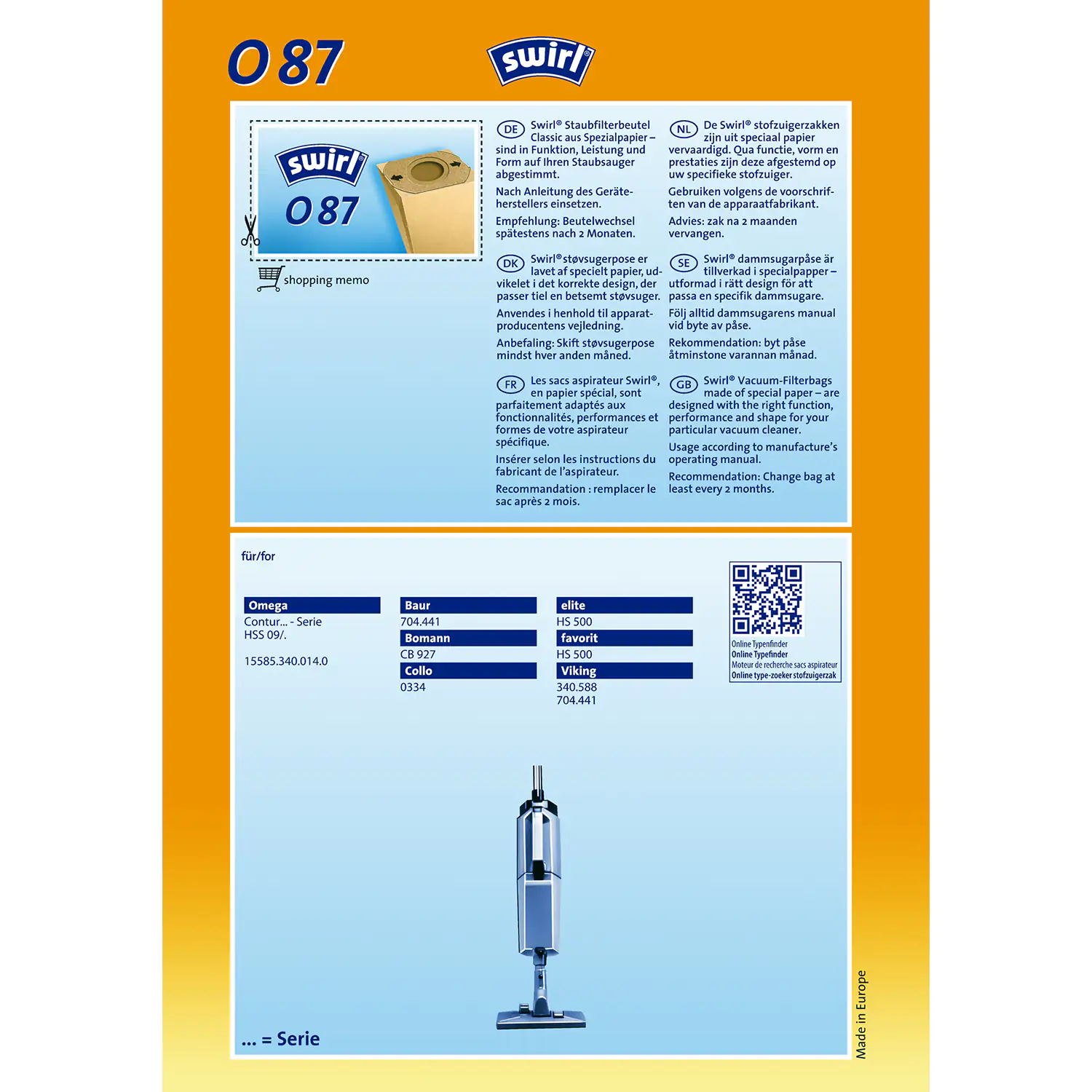 Swirl O 87 Spezialpapier Staubsaugerbeutel 9 Staubbeutel + 1 Filter