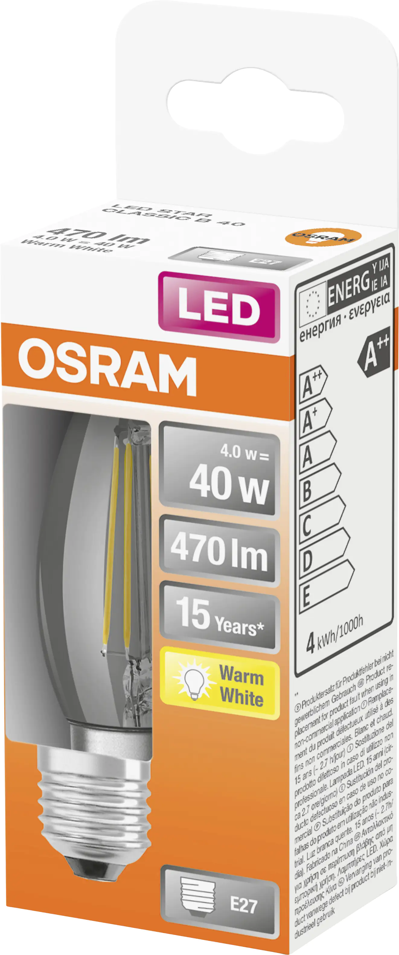 Osram LED Leuchtmittel Classic B40 E27 4W warmweiß, klar