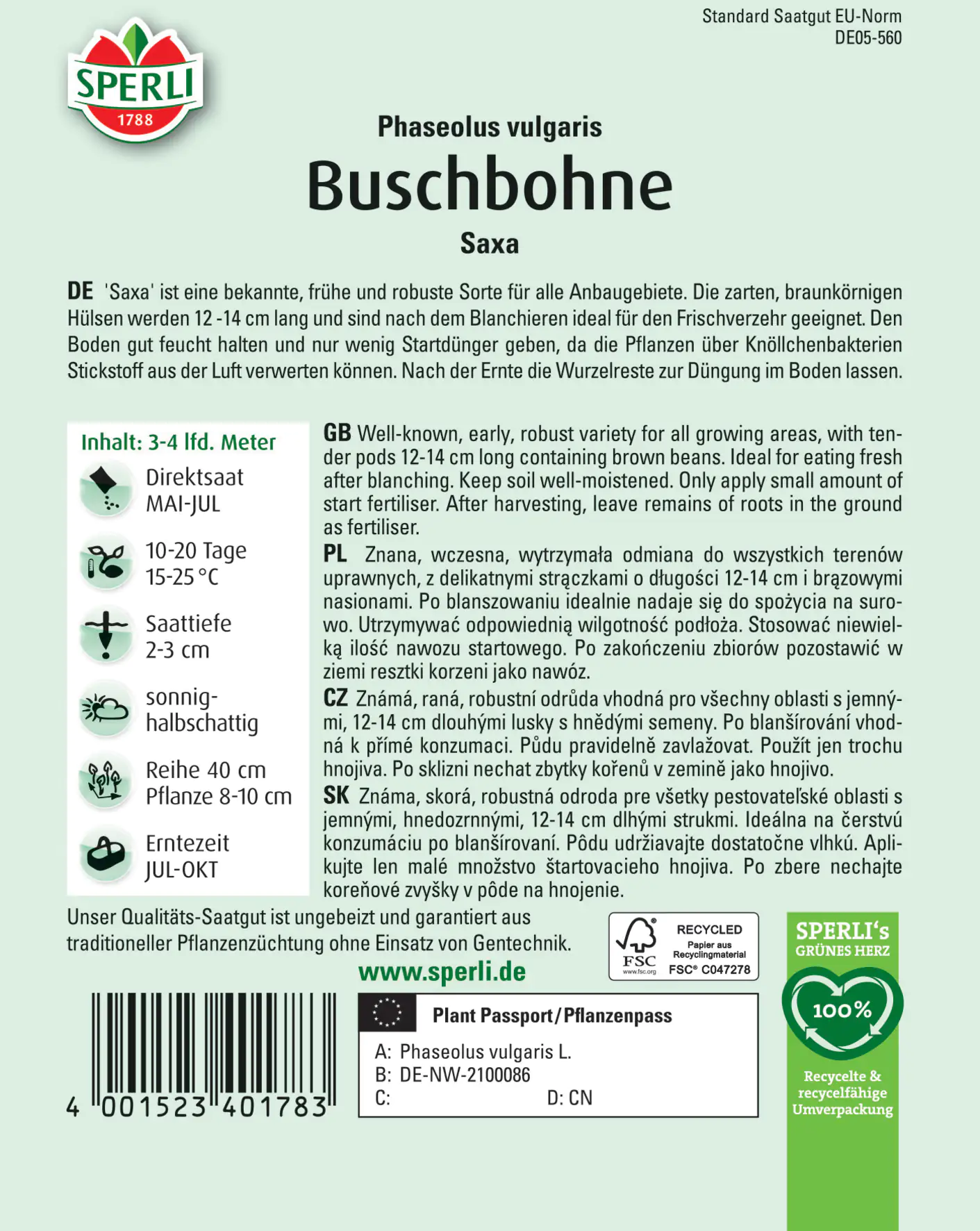 Sperli Buschbohne Saxa