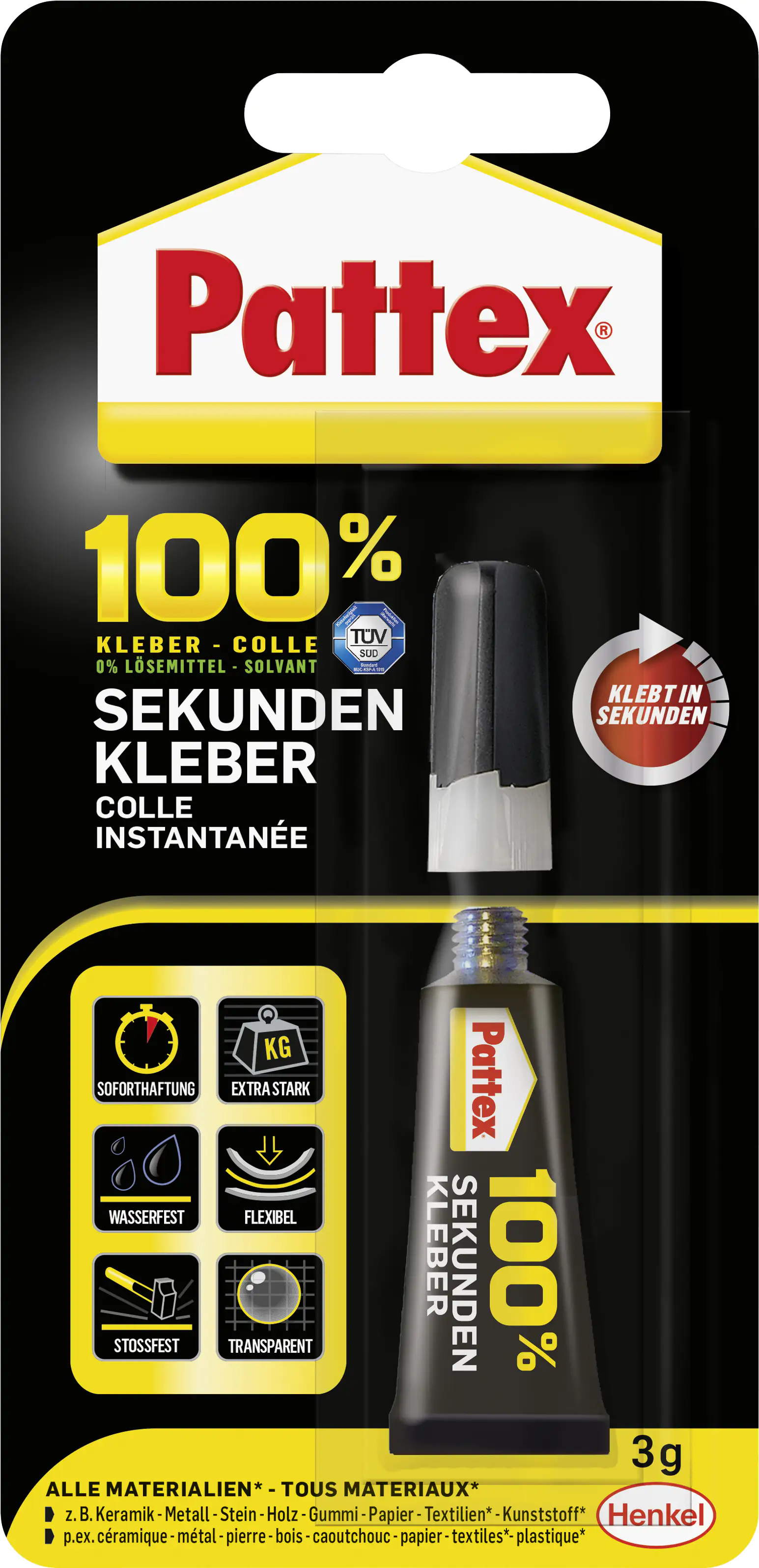 Pattex 100% Sekundenkleber 3 g Tube, transparent Pattex 100% Sekundenkleber 3 g Tube, transparent