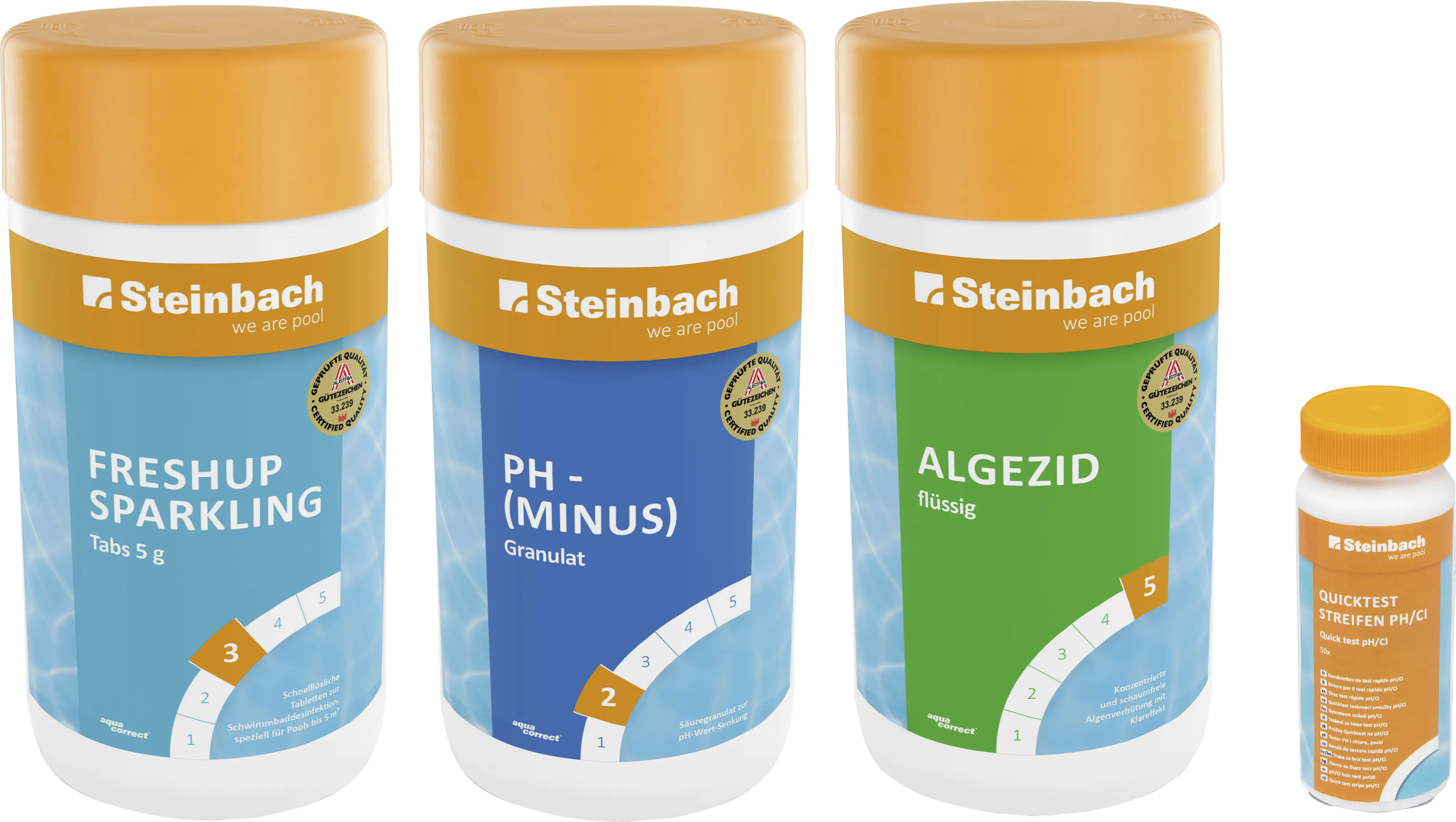 9008748904698 Steinbach Poolpflege Chlor Starterset 3x Poolpflege + Quickteststreifen