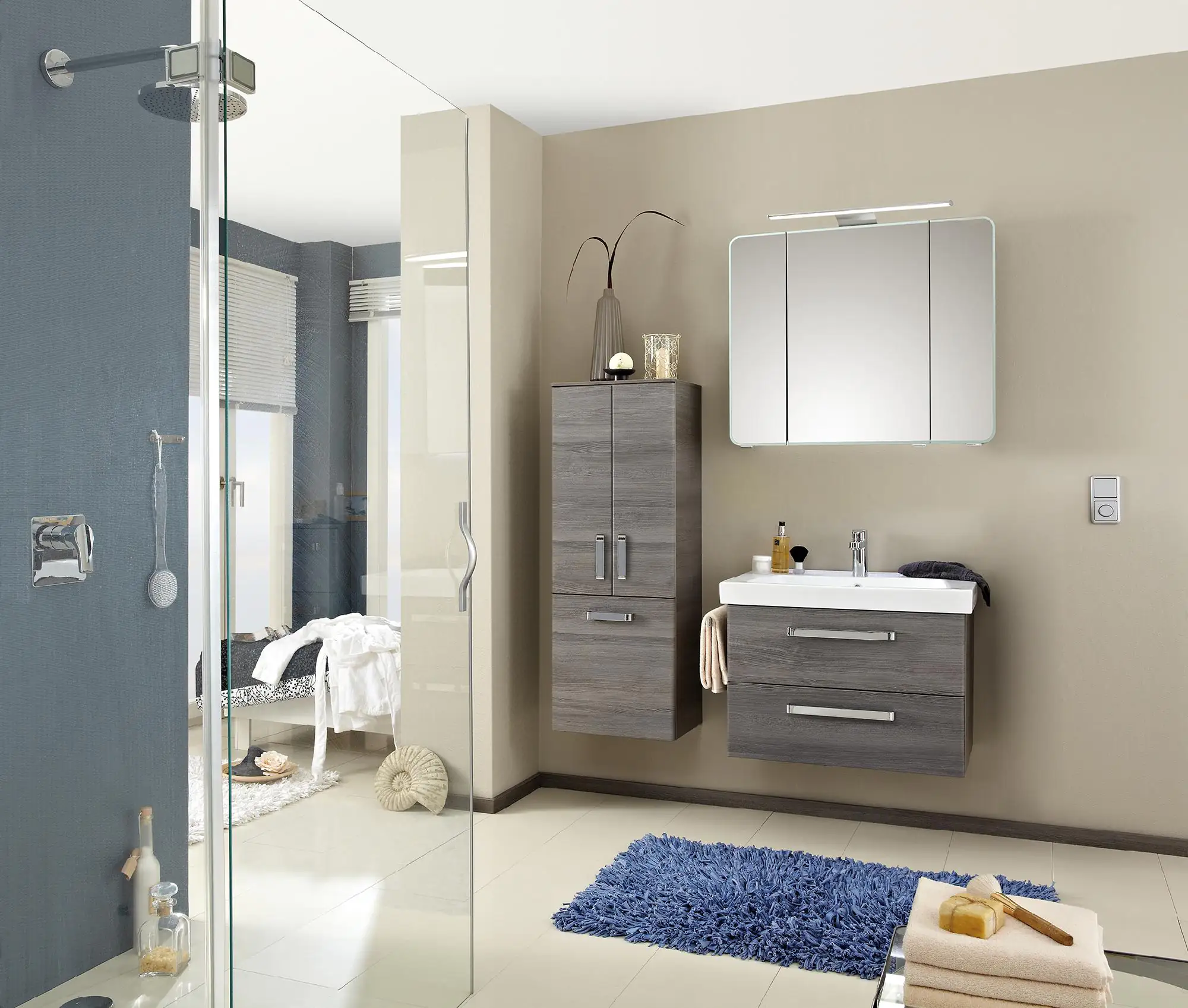 Pelipal Badmöbel-Set Pineo Sangallo Grau mit Keramik-Waschtisch + Midischrank 130 cm