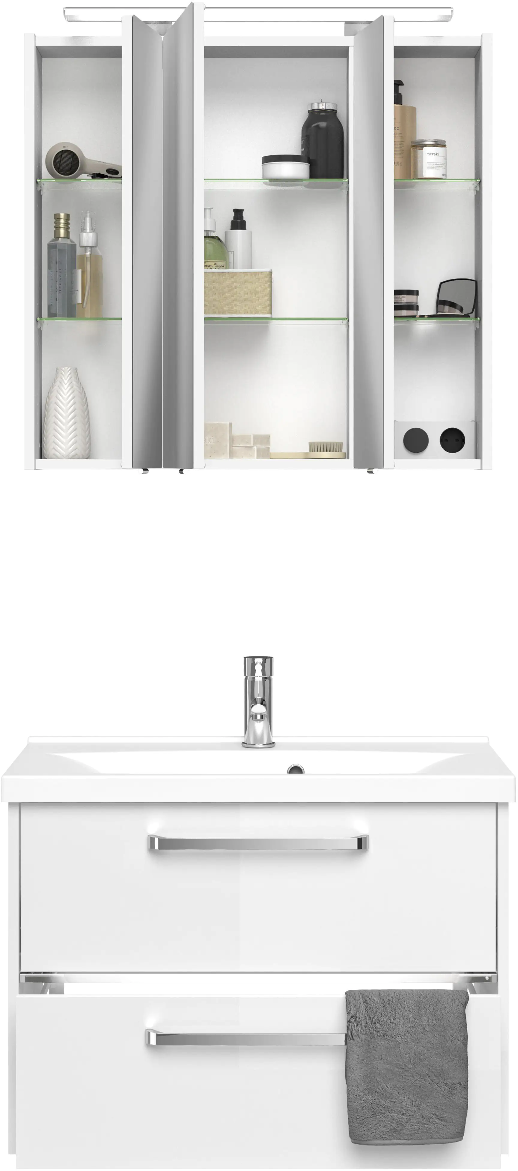 Primaster Badmöbel-Set Berlin weiß 77 cm LED-Leuchten, Mineralgusswaschtisch