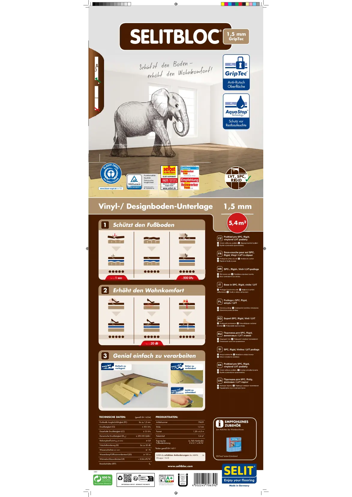 Selitbloc GripTec Vinyl- Designboden-Unterlage Faltplatte 1,5 mm stark
