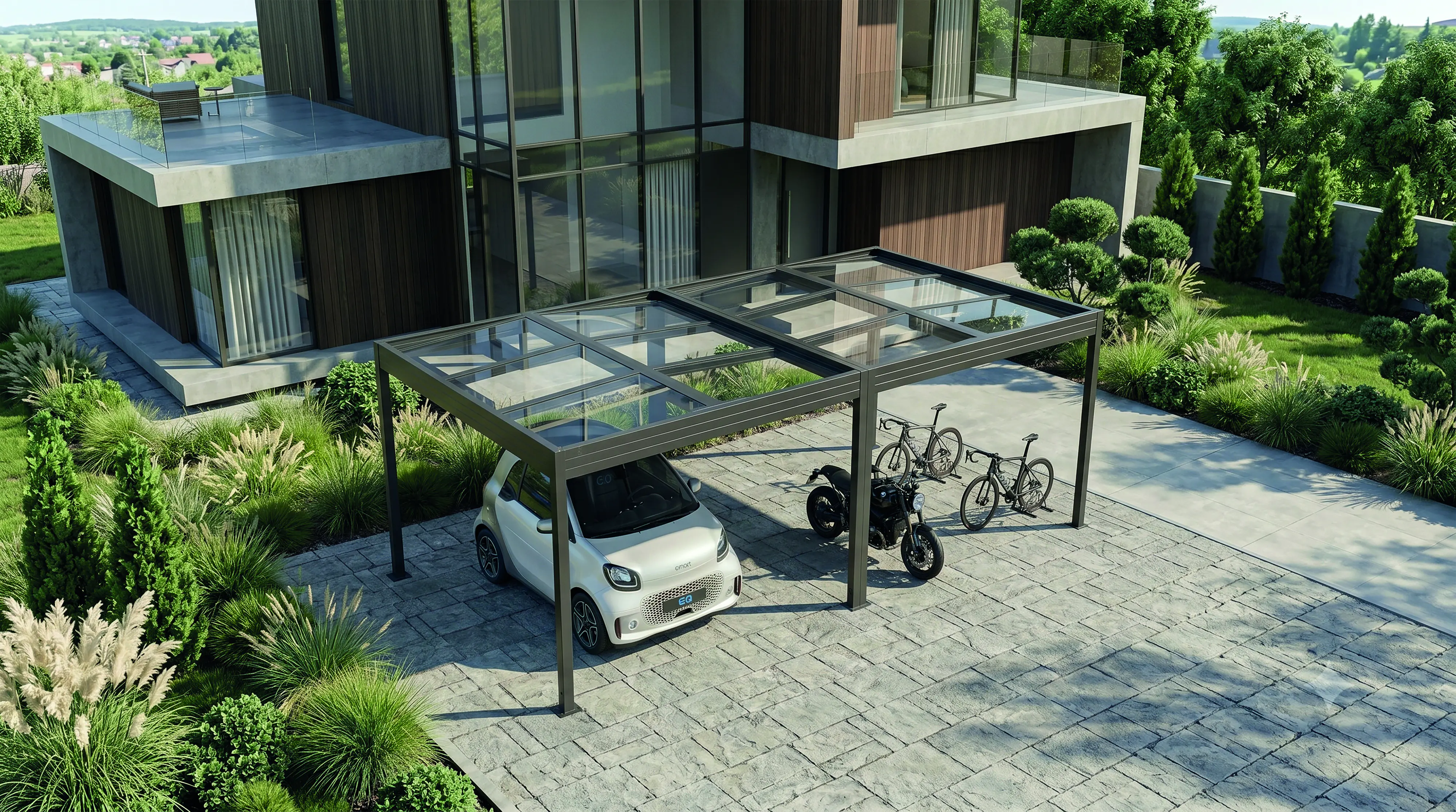 SunElements SunVaro Carport Kristall Doppel M 724 x 345 cm mit Glasdach anthrazit-metallic