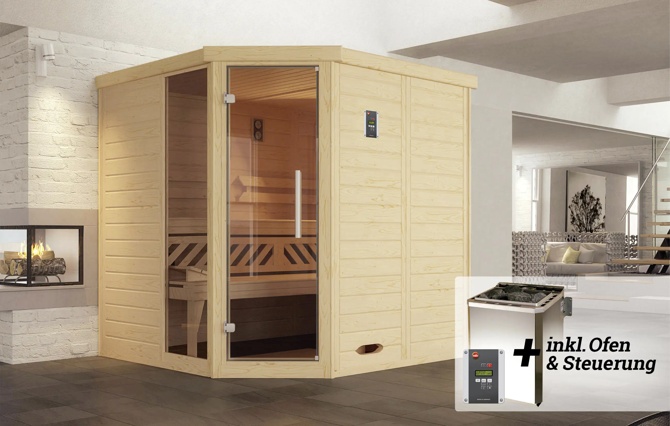 Weka Premium Massivholz-Elementsauna Kemi Eck Gr. 2 Sparset 7,5 kW BioS