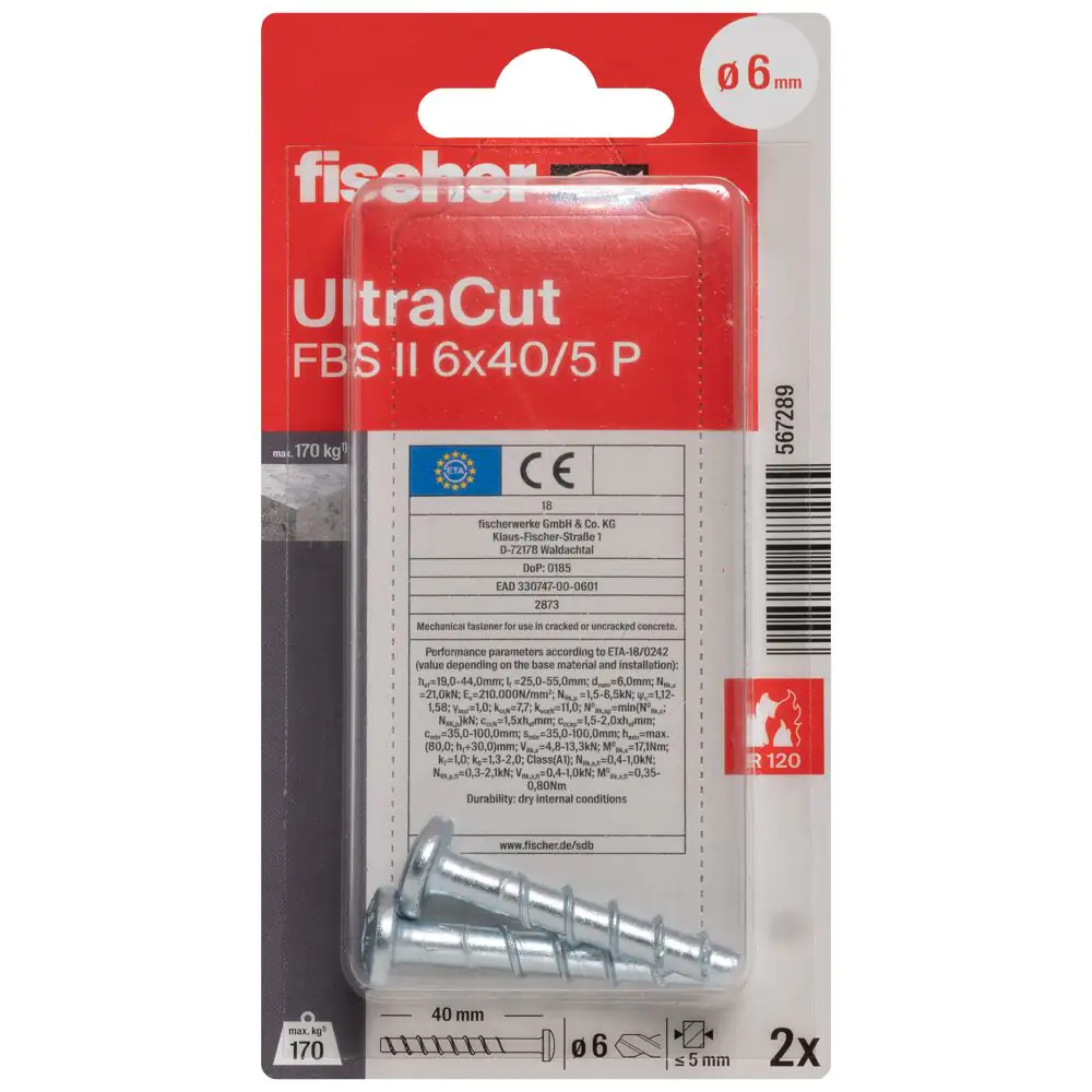 fischer Betonschraube UltraCut FBS II 6 x 40/ 5 Panhead - 2 Stück fischer Betonschraube UltraCut FBS II 6 x 40/ 5 Panhead - 2 Stück