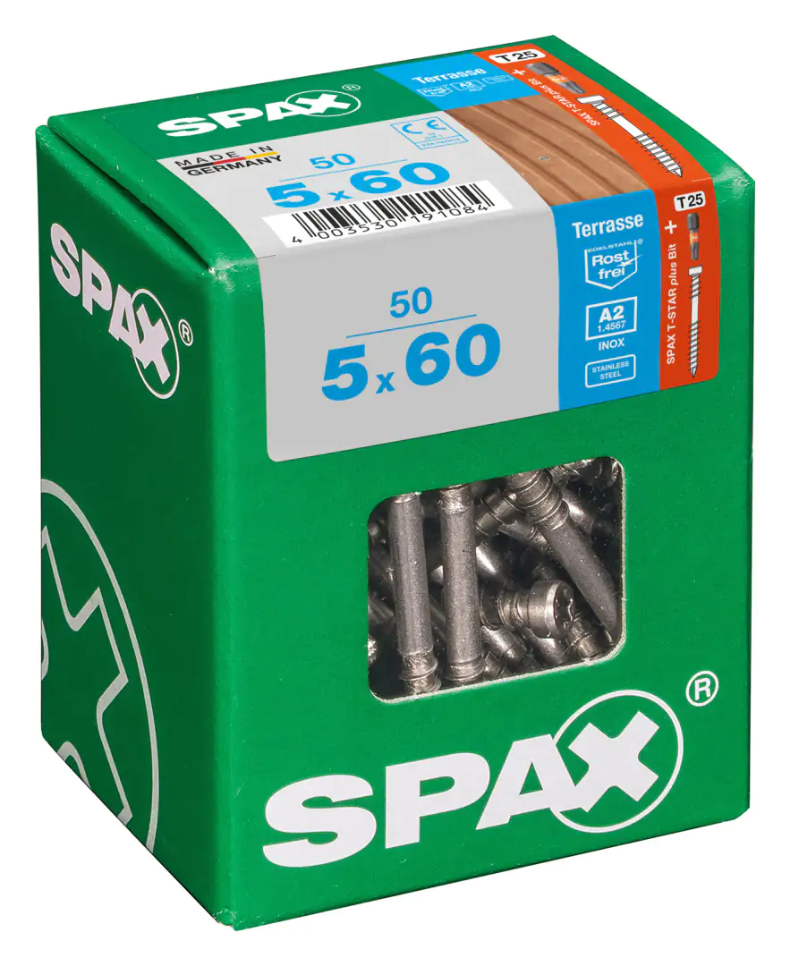 Spax Terrassenschrauben 5.0 x 60 mm TX 25 - 50 Stk. Spax Terrassenschrauben 5.0 x 60 mm TX 25 - 50 Stk.