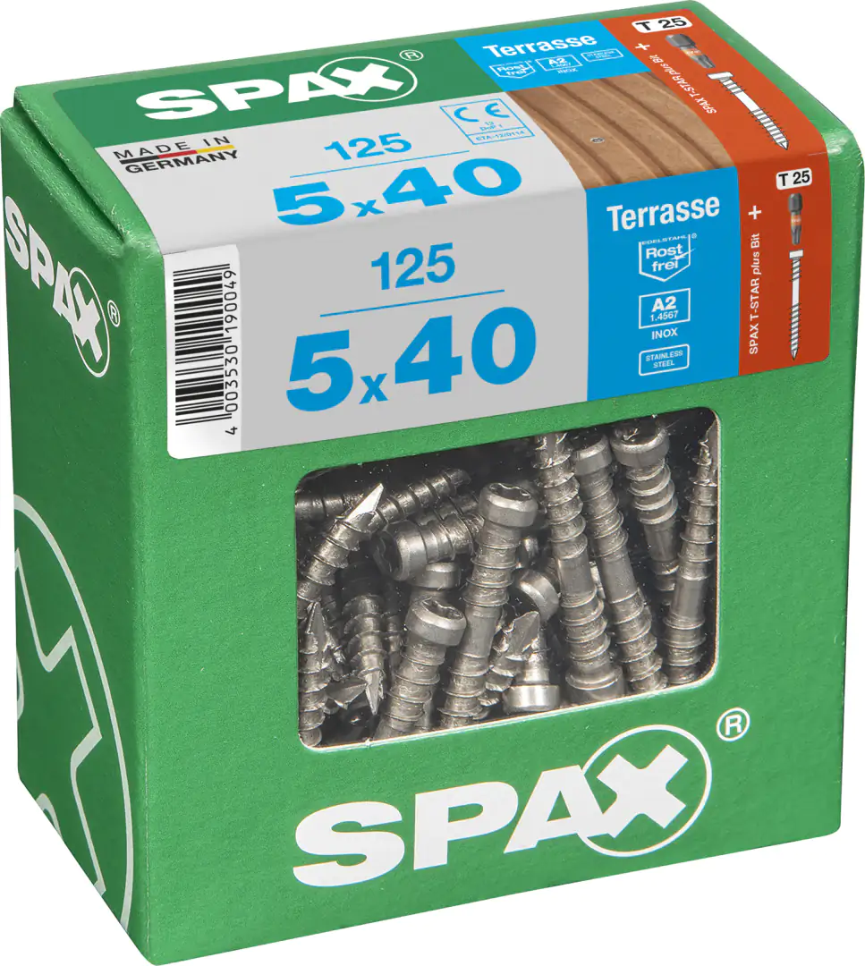 Spax Terrassenschrauben 5.0 x 40 mm TX 25 - 125 Stk. Spax Terrassenschrauben 5.0 x 40 mm TX 25 - 125 Stk.