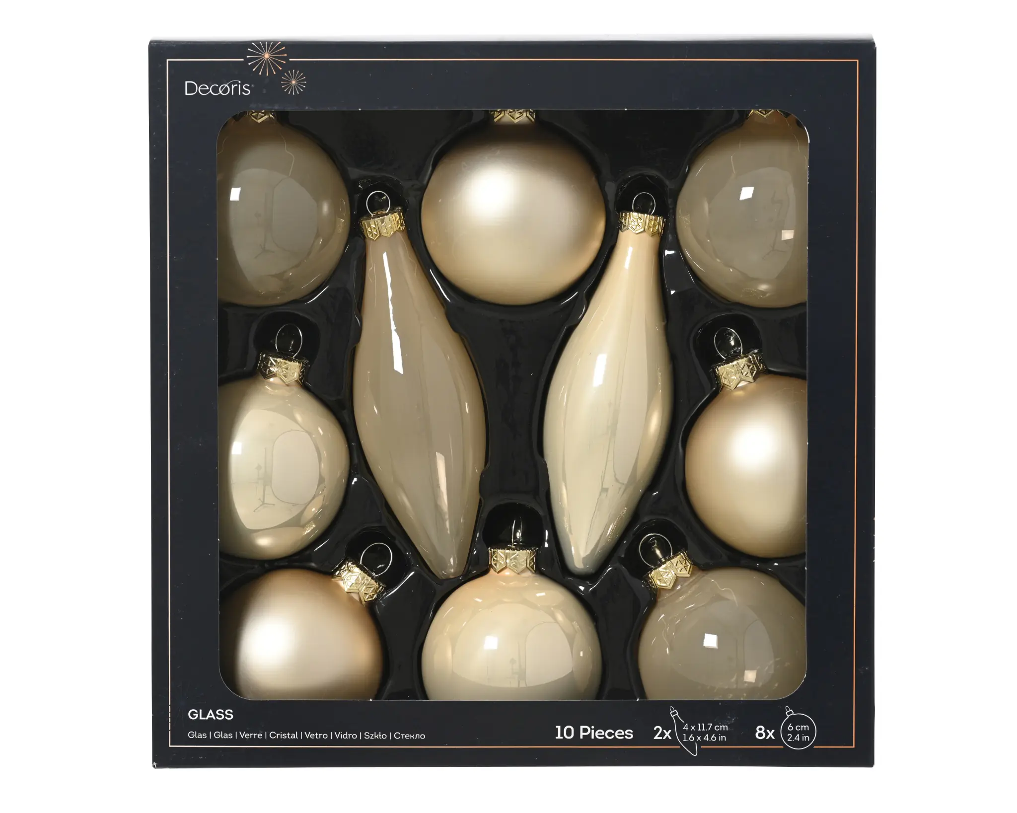 Decoris Weihnachtskugeln mit Tropfen-Ornamente aus Glas Ø 6 cm creme-gold 10 Stück