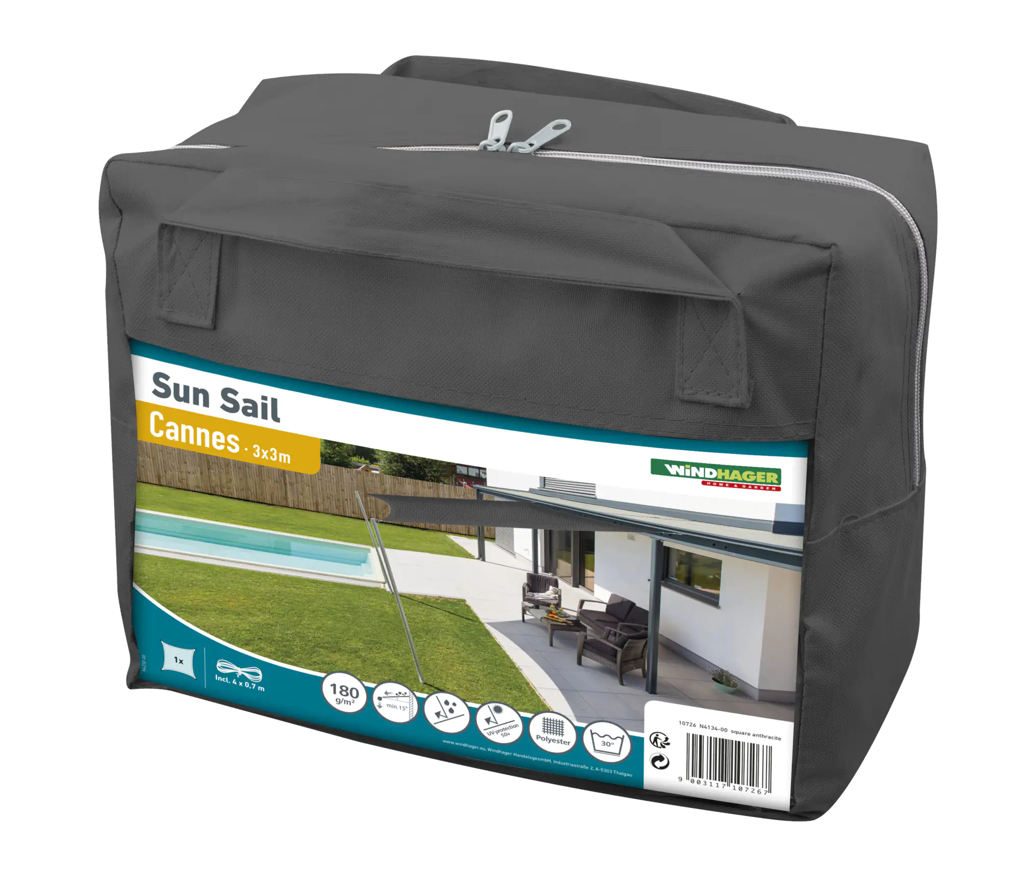 Windhager Sonnensegel Cannes anthrazit 3 x 3 m