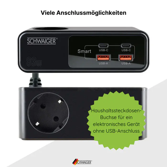 Schwaiger Verlängerung inkl. Steckdose  83W Schnellladefunktion USB A/C0