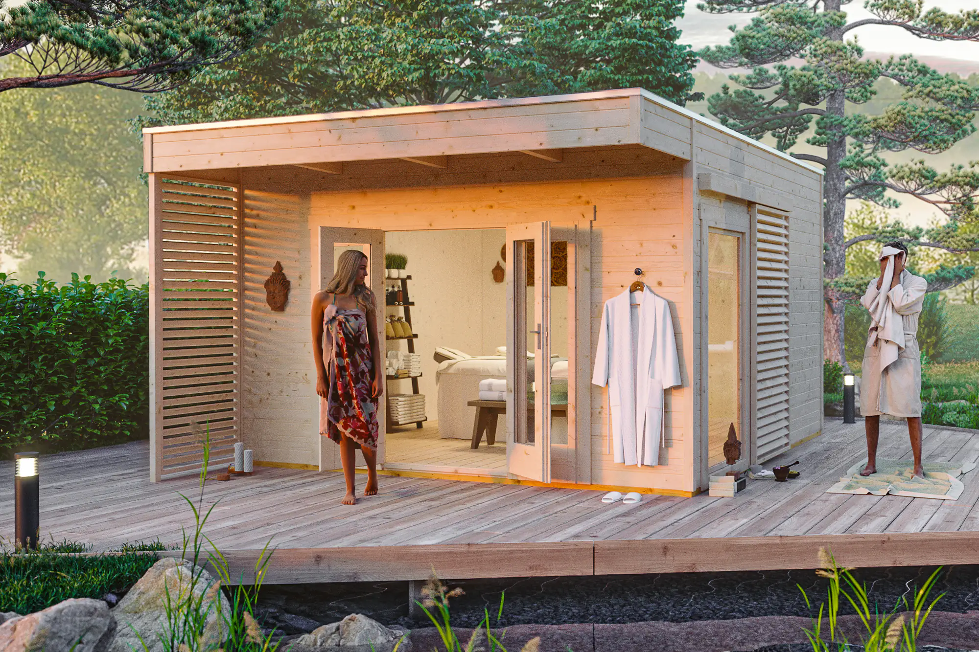 SKAN HOLZ Gartenhaus Tokio 4 402 x 402 cm natur mit Fußboden, doppelschalig